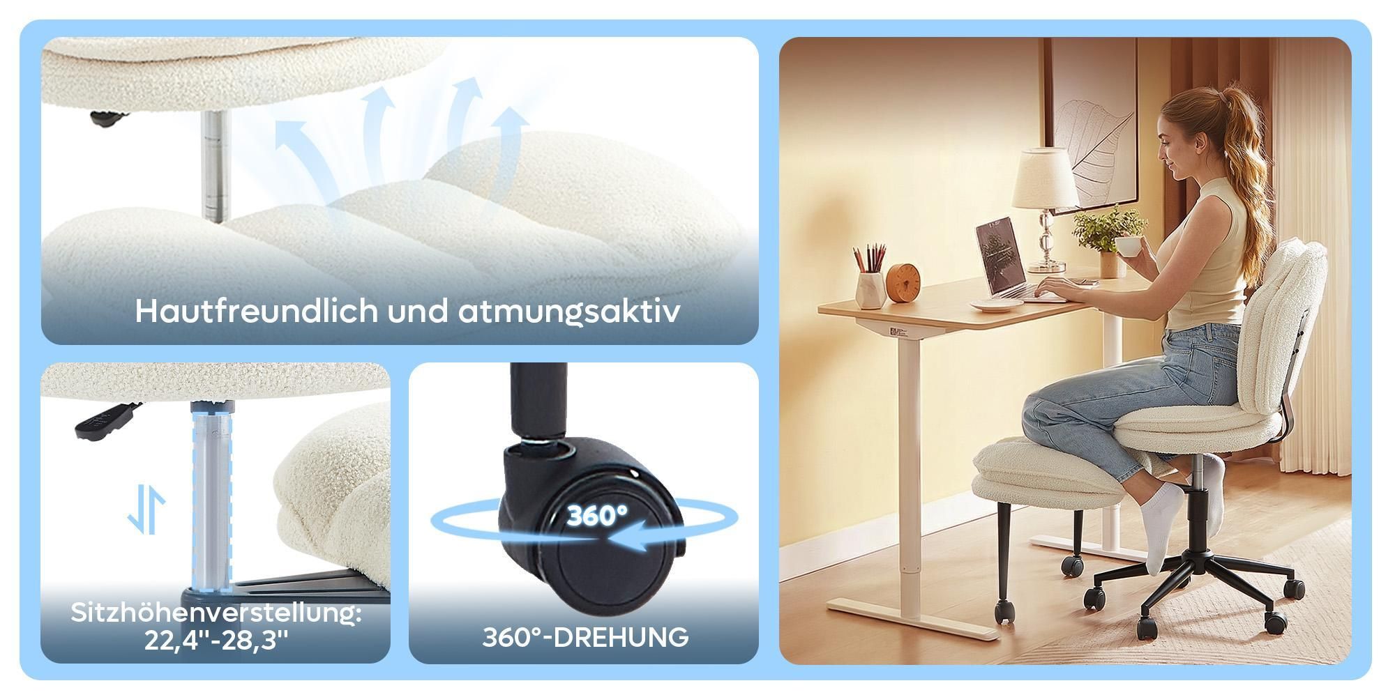 Bürostuhl Ergonomisch, Meditationsstuhl ergonomisch mit Rädern & Lordosenstütze, ADHS-Stuhl, Schreibtischstuhl Computerstuhl Chefsessel, Schwarz