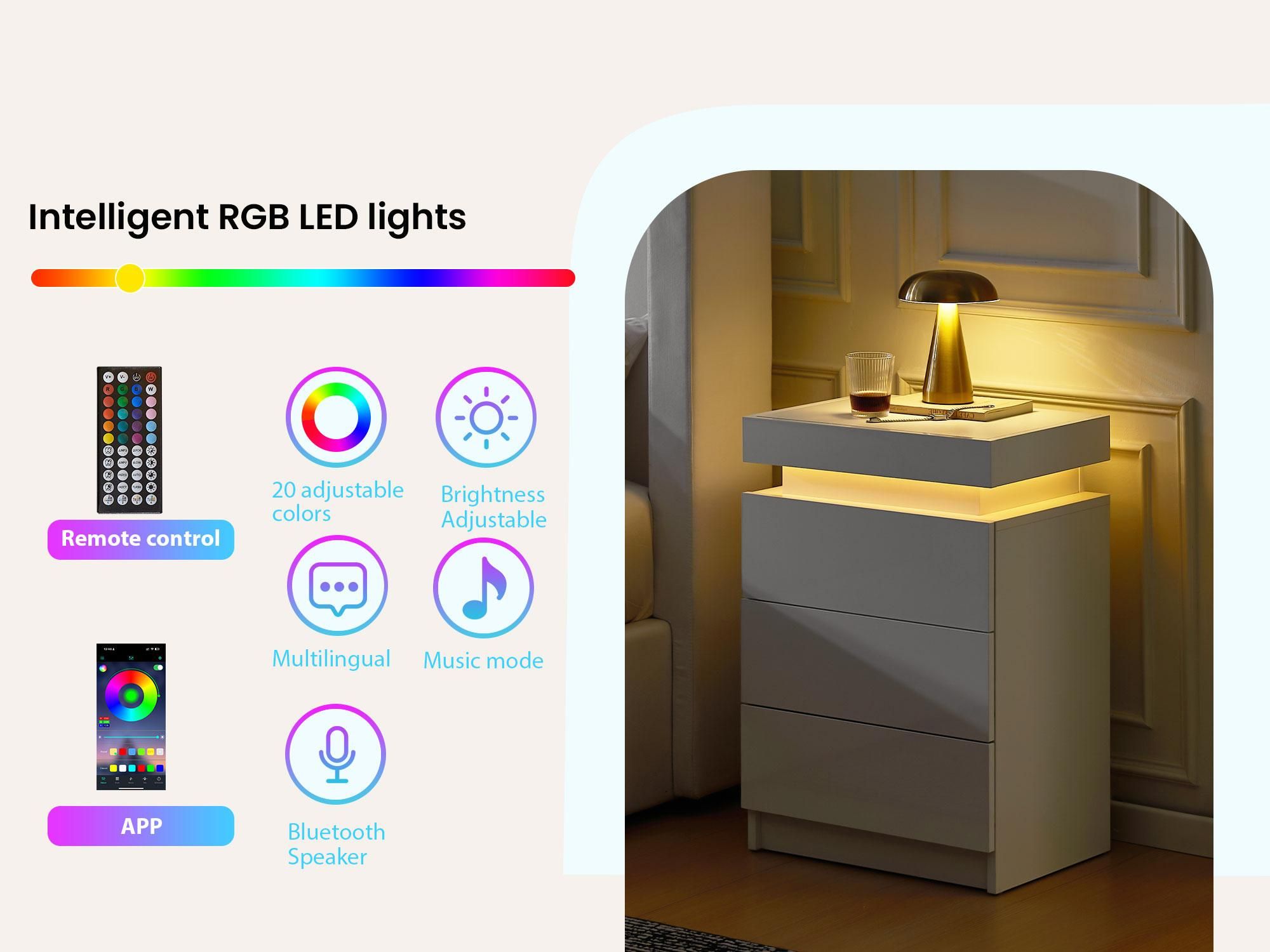 CLIPOP 3-Schubladen-Nachttisch aus Hochglanz mit LED-Lichtleiste,Weiß