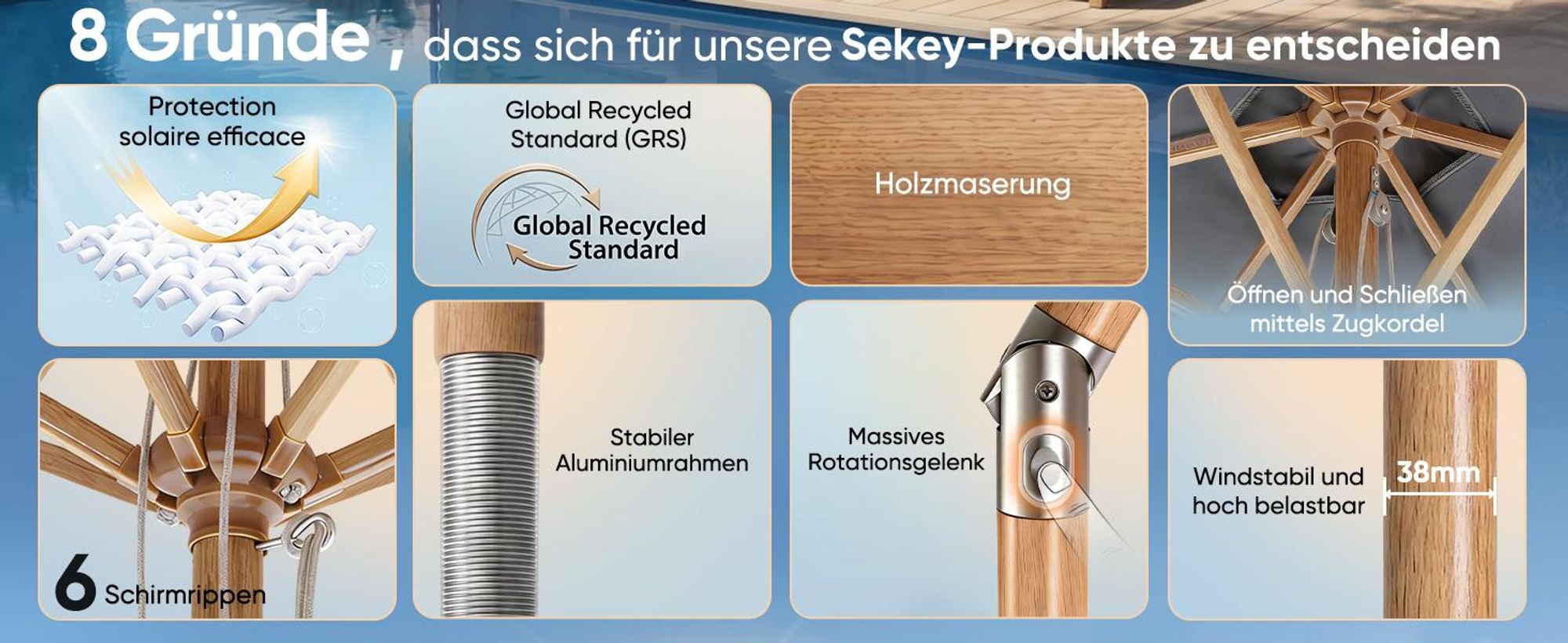 Sekey Balkonschirm 200 cm Ø Holzoptik, Knickbar, Stabiler Gartenschirm, UV-Schutz 50+, Sonnenschirm für Terrasse und Hof, Grau