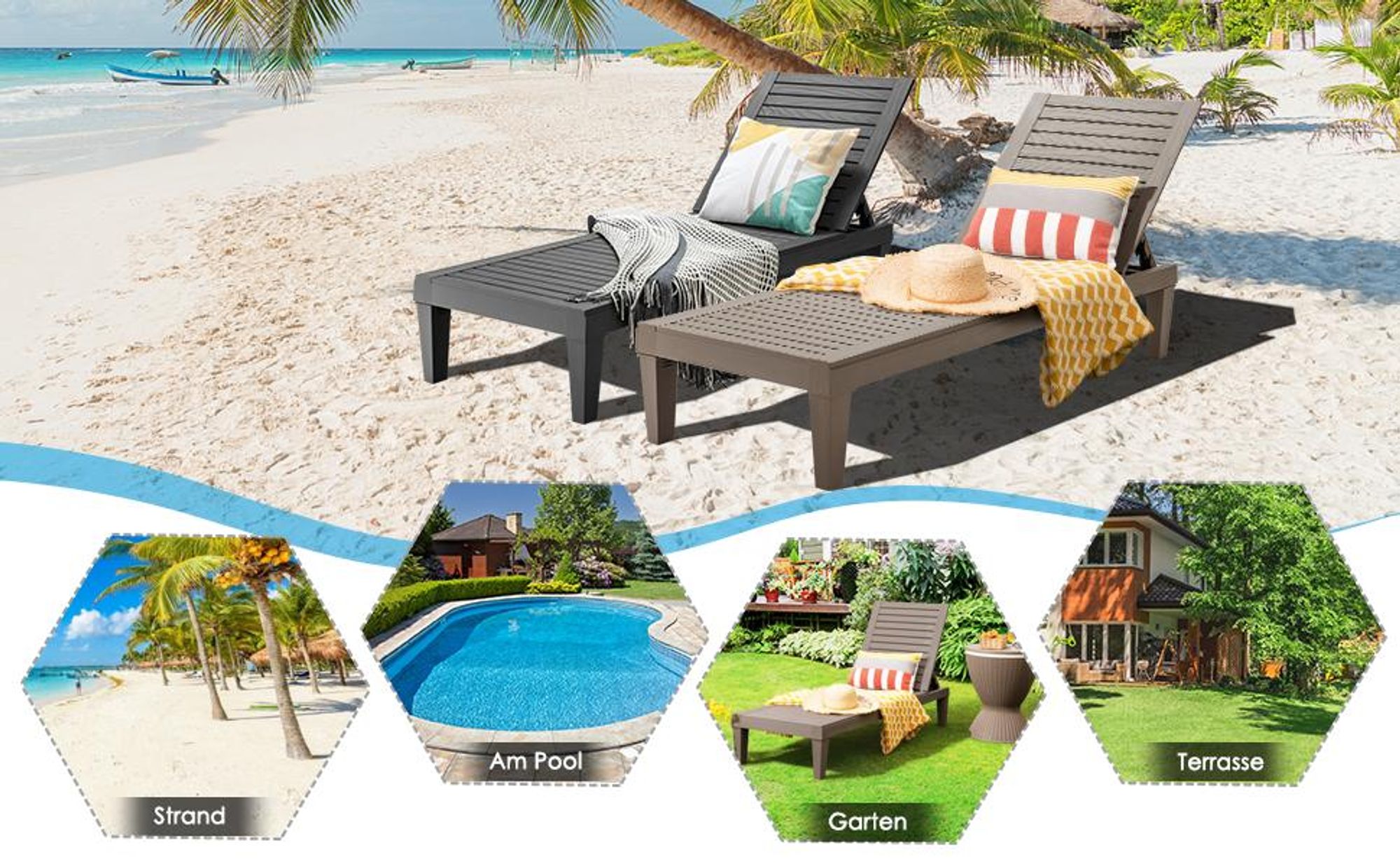 COSTWAY Sonnenliege wetterfest Gartenliege 180kg belastbar Liegestuhl 5 verstellbare Rückenlehne Terrassenliege für Outdoor Garten Terrasse Braun