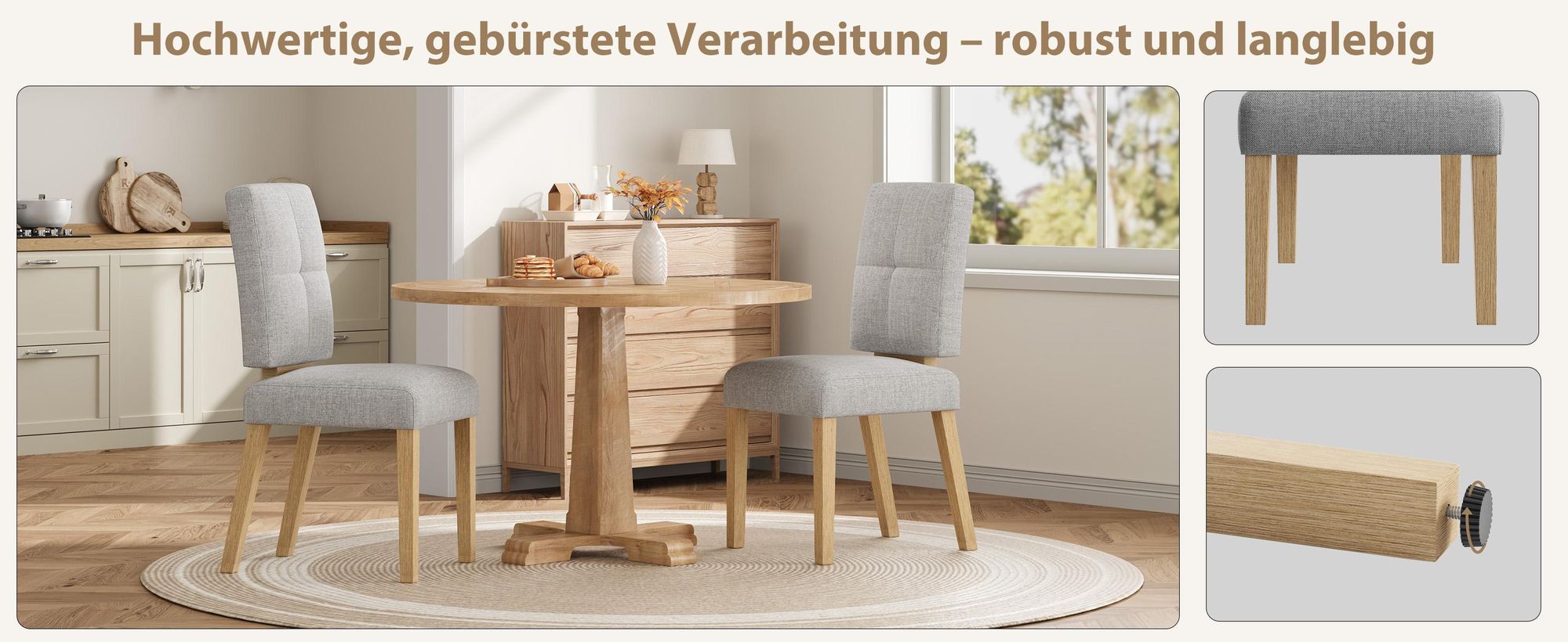 Stuhl Holz-Esszimmerstühle, 2er-Set Grau, Polsterstuhl, Extra dickes Sitzpolster für hohen Sitzkomfort