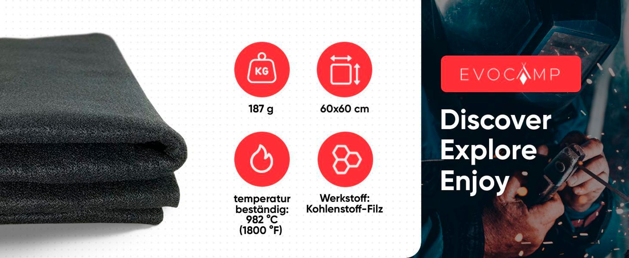 EVOCAMP feuerfeste Unterlage 60x60 cm, bis zu 982°C, für Grill, nicht brennbar