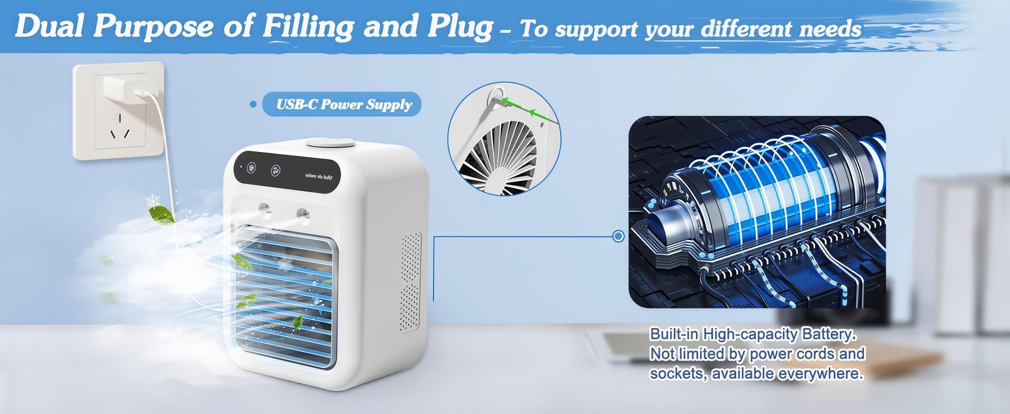 Mini Klimaanlage,USB Tragbarer Ventilator Luftkühler mit 2 Windgeschwindigkeiten,Doppelnebelspra,500ml Wassertank,Leiser Weiß Standventilatoren