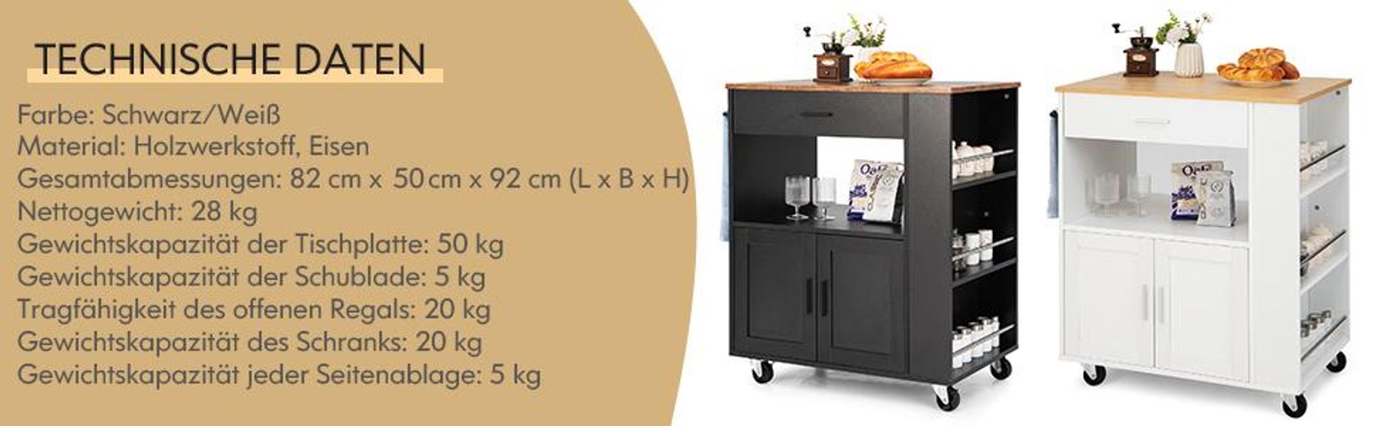 COSTWAY Küchenwagen auf Rollen, Servierwagen mit Arbeitsplatte, Handtuchhalter, 3 Gewürzregalen & Schublade, Kücheninsel Küchenschrank Holz Weiß