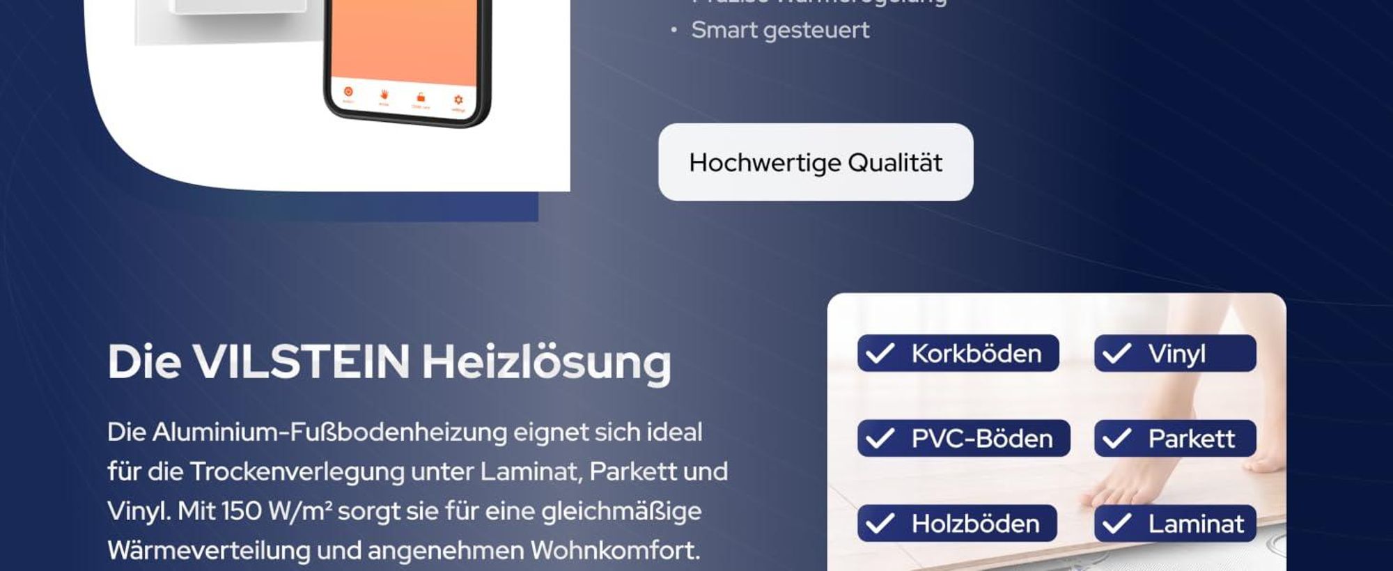 VILSTEIN Aluminium-Fußbodenheizung 150W/m² – Elektrische Heizmatte für Laminat, Parkett & Vinyl, selbstklebend, zuschneidbar, WiFi Touchscreen-Thermostat, Komplettset 15m²