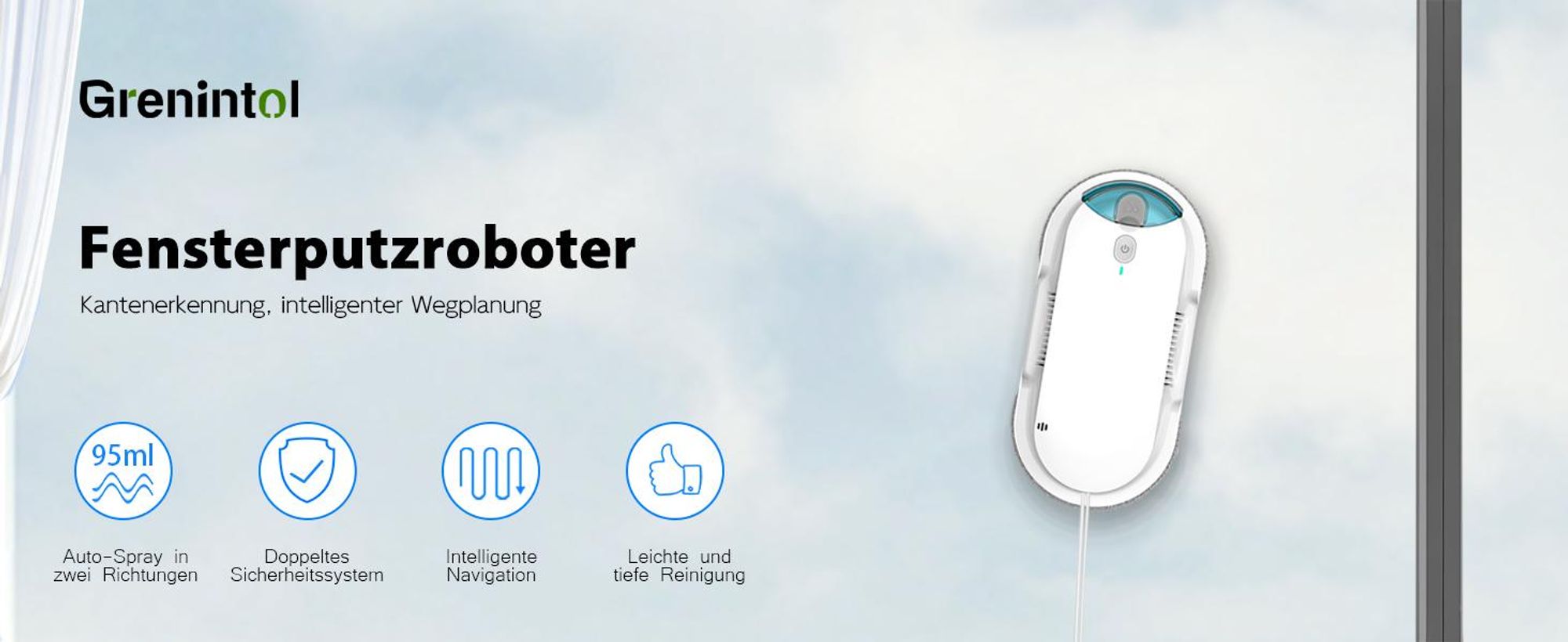 Grenintol Fensterputzroboter mit Sprühfunktion, 3800 Pa Saugleistung, intelligenter Kantenerkennung für Fenster, Spiegel und Glastüren