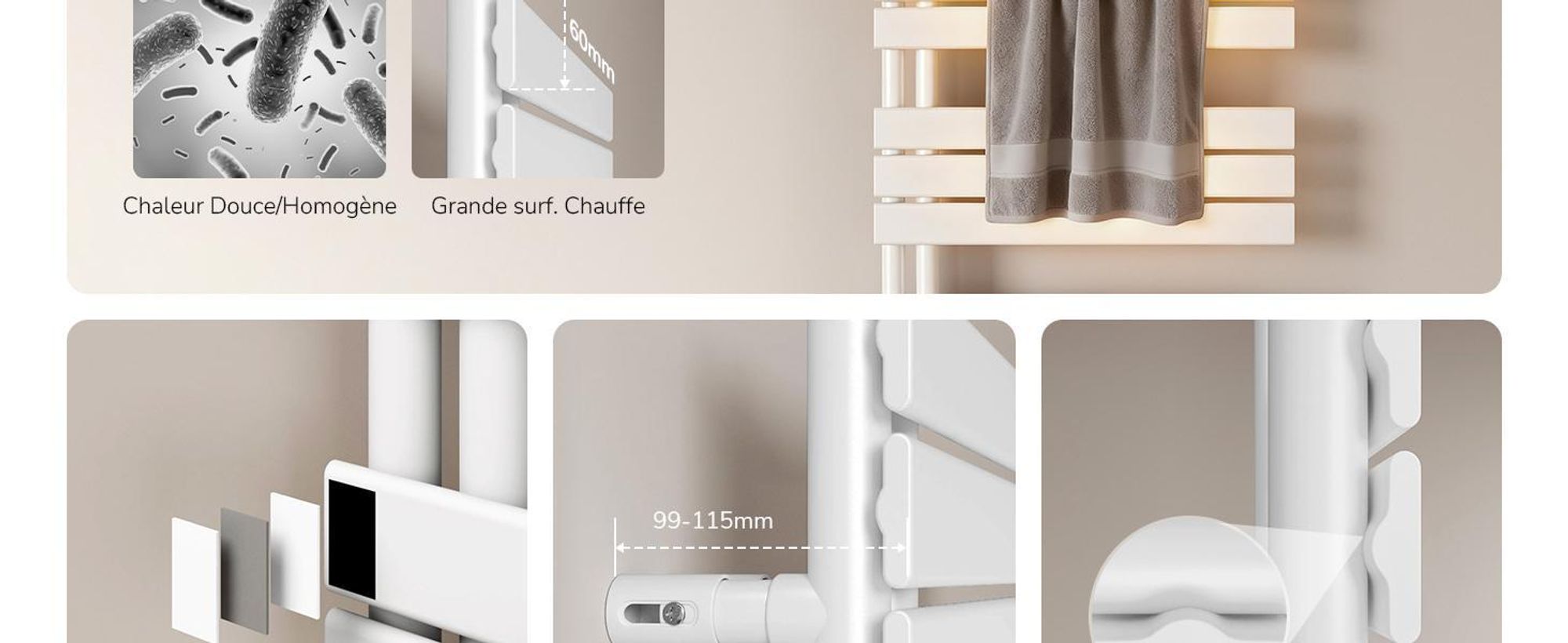 EMKE Séchoir à serviettes Radiateur de salle de bain Radiateur à panneaux Raccordement latéral Montage mural Eau chaude 1320 x 400 mm Blanc sans thermoplongeur