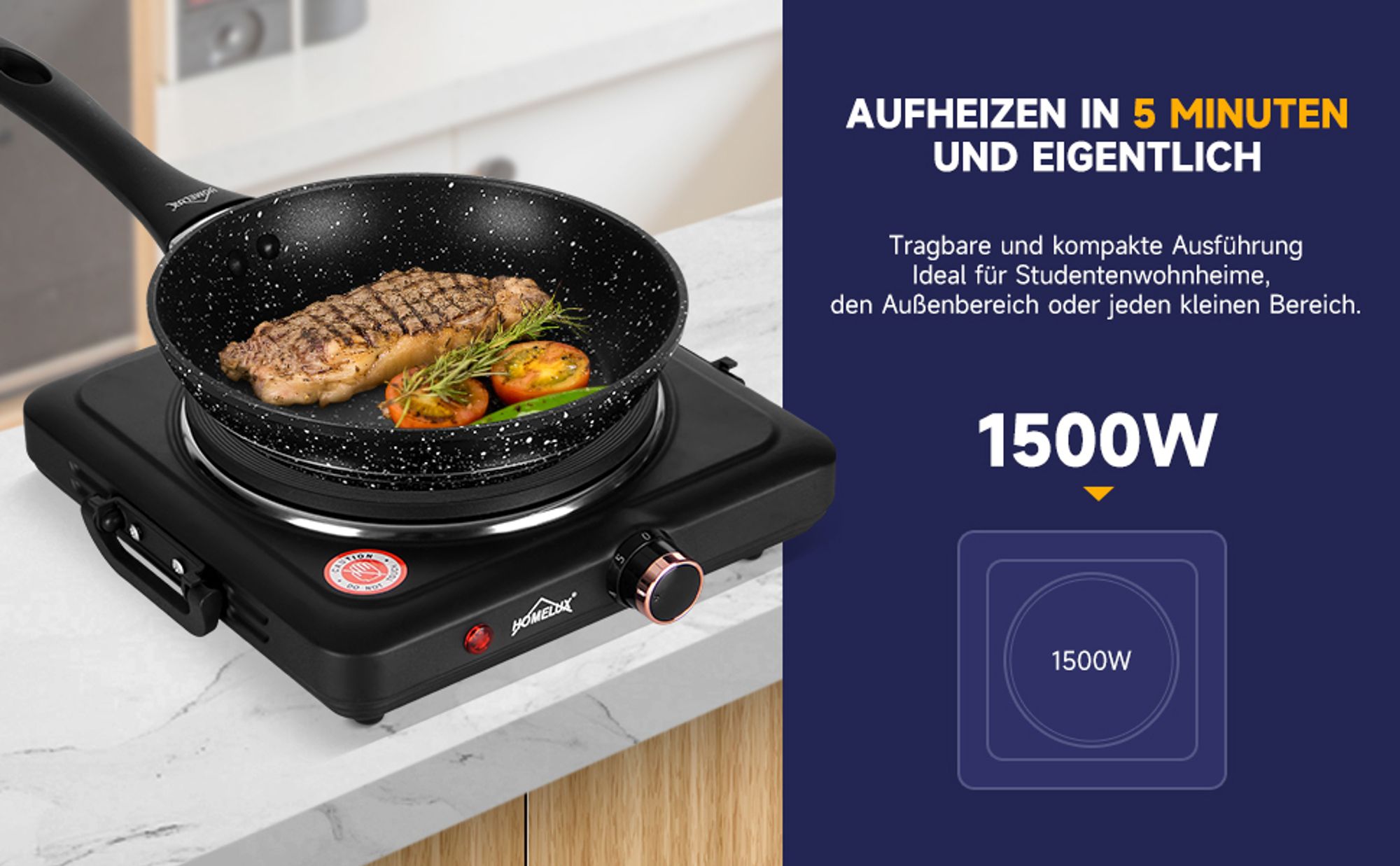 Homelux Kochplatte 1000W Herdplatte mit Klappbaren Griffen, Einzeln Regelbare 5 Heizstufen, Kochfeld für Küche, Büro oder Camping, Silber