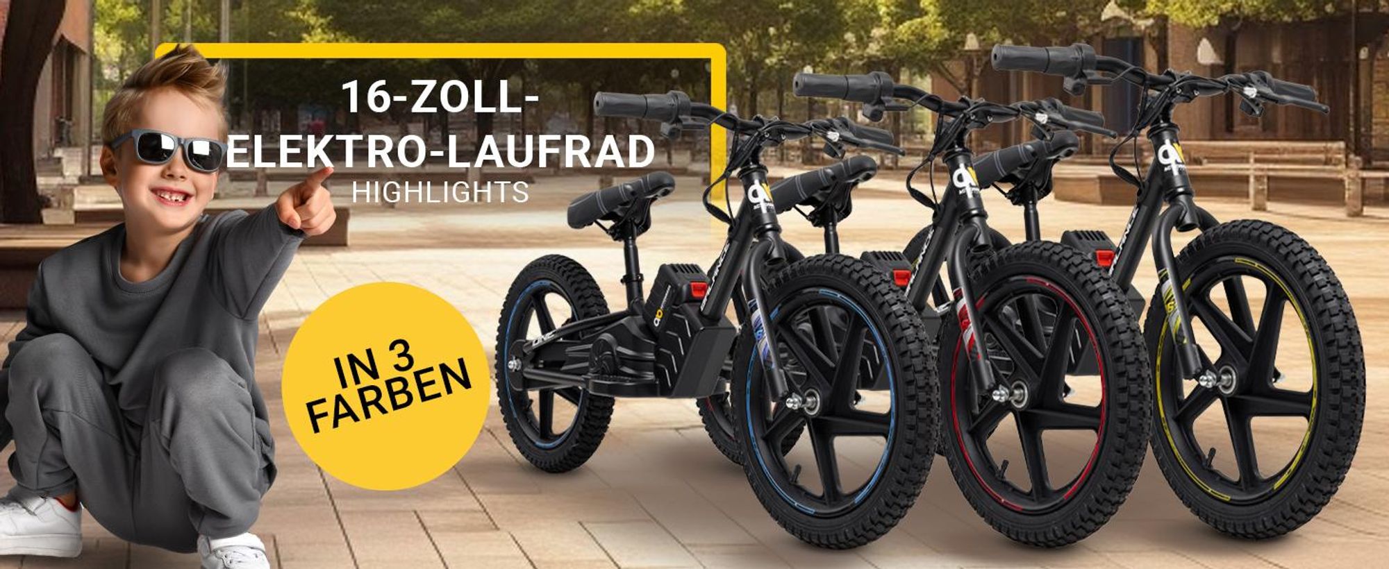 Actionbikes Motors Kinder Balance Bike 16 Zoll | Elektrofahrrad - Elektrofahrzeug - Fahrrad - 250 Watt - Scheibenbremsen - ab 5 Jahren (Schwarz/Gelb)