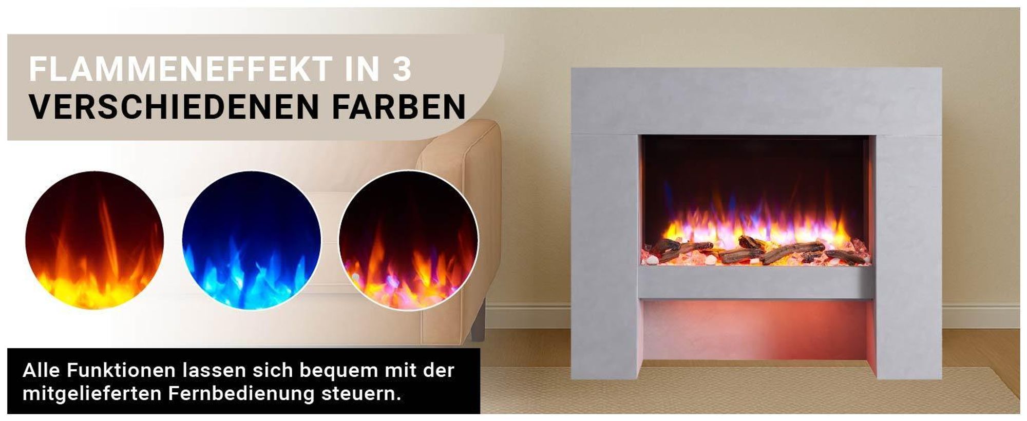 Elektrisches Kaminfeuer Balderia Naran grau 2000 Watt inkl. Fernbedienung
