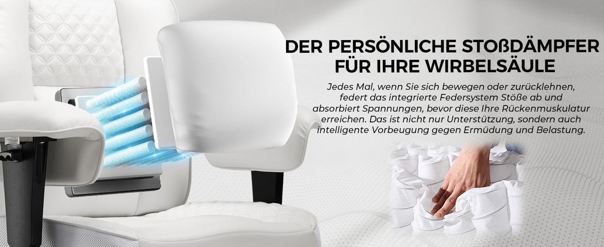 GTPLAYER Gaming Stuhl, breiter Bürostuhl mit Taschenfeder, Ergonomischer PC-Stuhl, Verstellbarer und Drehbarer Schreibtischstuhl, Kunstleder, weiß
