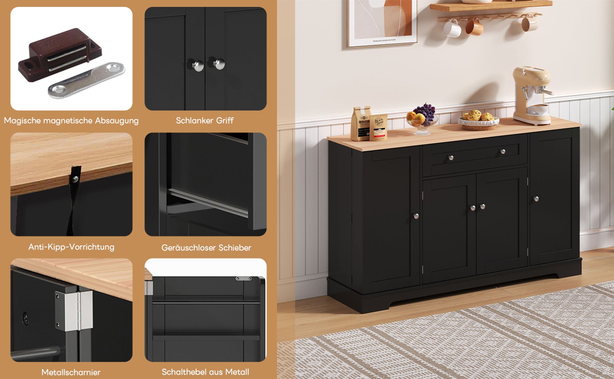 Flieks Sideboard Küchenschrank, Anrichte Küchenbuffet mit verstellbare Ablagen, Aufbewahrungsschrank für Küche, Wohnzimmer, Esszimmer, Schwarz
