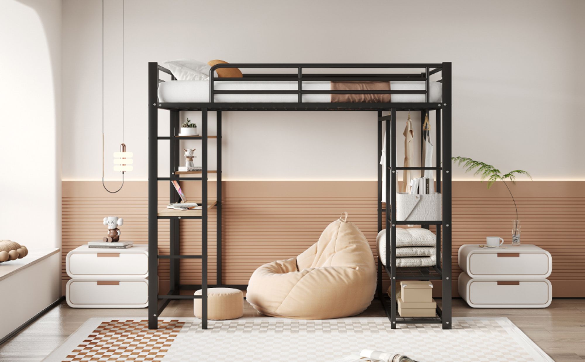MODFU Hochbett Kinderbett 140x200cm mit Rausfallschutz, Metallbett Eisenbett mit vier kleinen Regalen und einem großen Bücherregal für Kinder, Jugendliche und Erwachsene, Jugendbett Bettgestell mit Schreibtisch,Schwarz