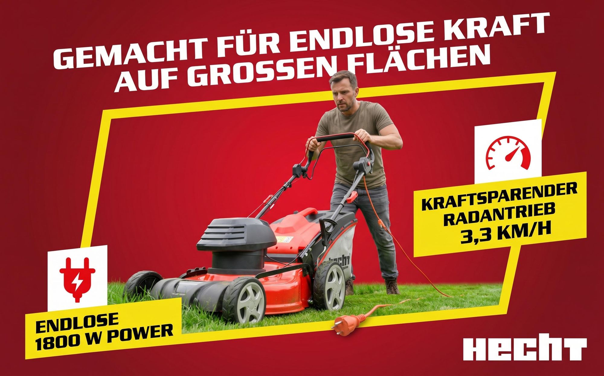 HECHT Rasenmäher Elektro mit Antrieb 1802 S | 46 cm Schnittbreite | 1800 W | 5in1 | Mulcher | 50 L Fangkorb | 3,3 km/h