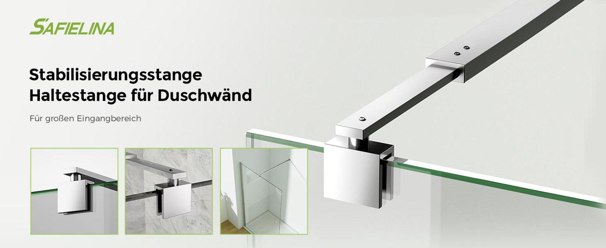 S'AFIELINA Haltestange für Duschwand 700–1200 mm, Edelstahl, Wand-zu-Glas Stabilisator für 8/10 mm Glas, Duschtür oder feste Seitenwand, 1 Stück