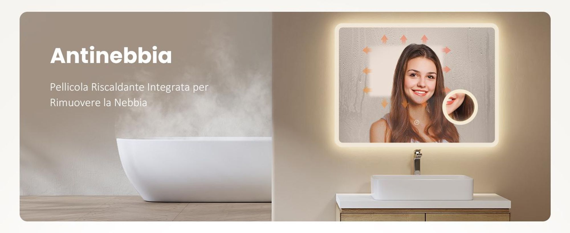 EMKE Specchio da bagno con ingrandimento 3X Interruttore a sfioramento 3 colori di luce Dimmerabile Antiappannamento 80X60cm