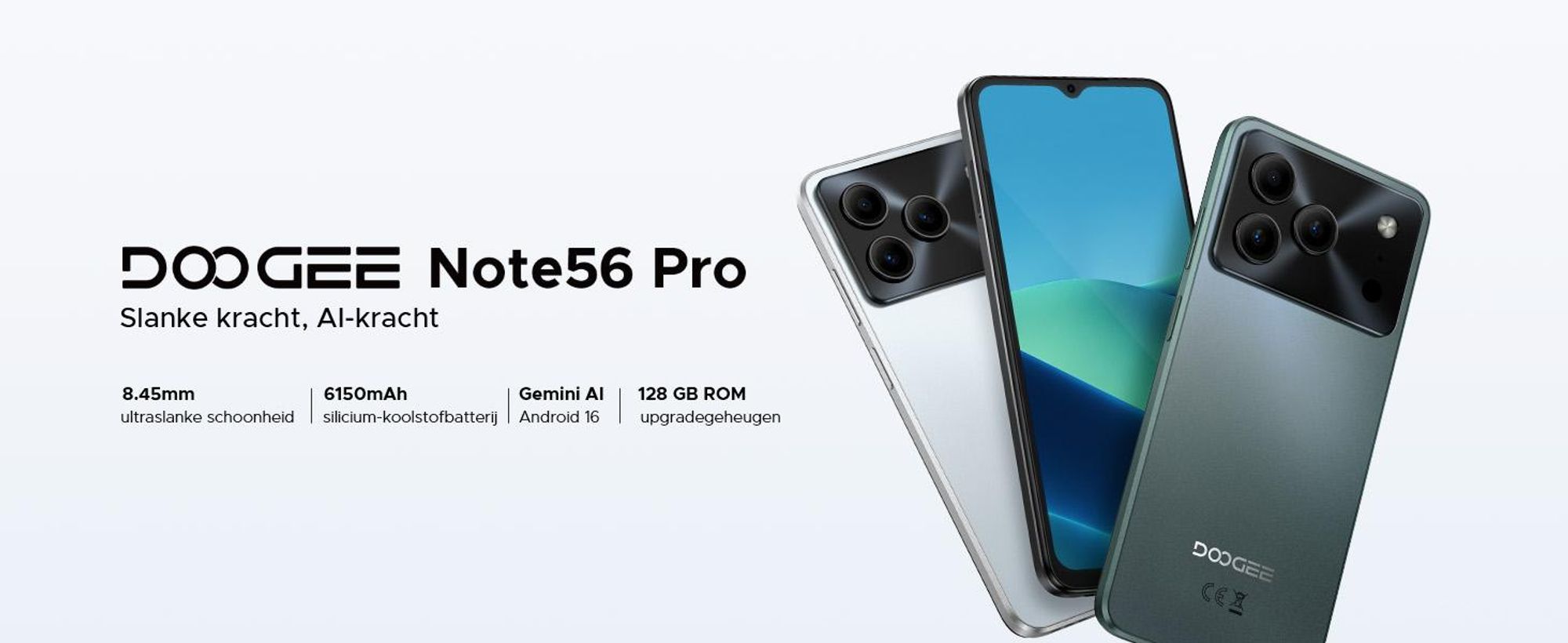 DOOGEE Note56 Pro Smartphone, Android 16, 6,56" scherm met 90Hz, 6150mAh batterij, 32GB RAM + 128GB opslag, 4G Dual-SIM, 13MP camera, NFC, vingerafdruksensor, gezichtsherkenning