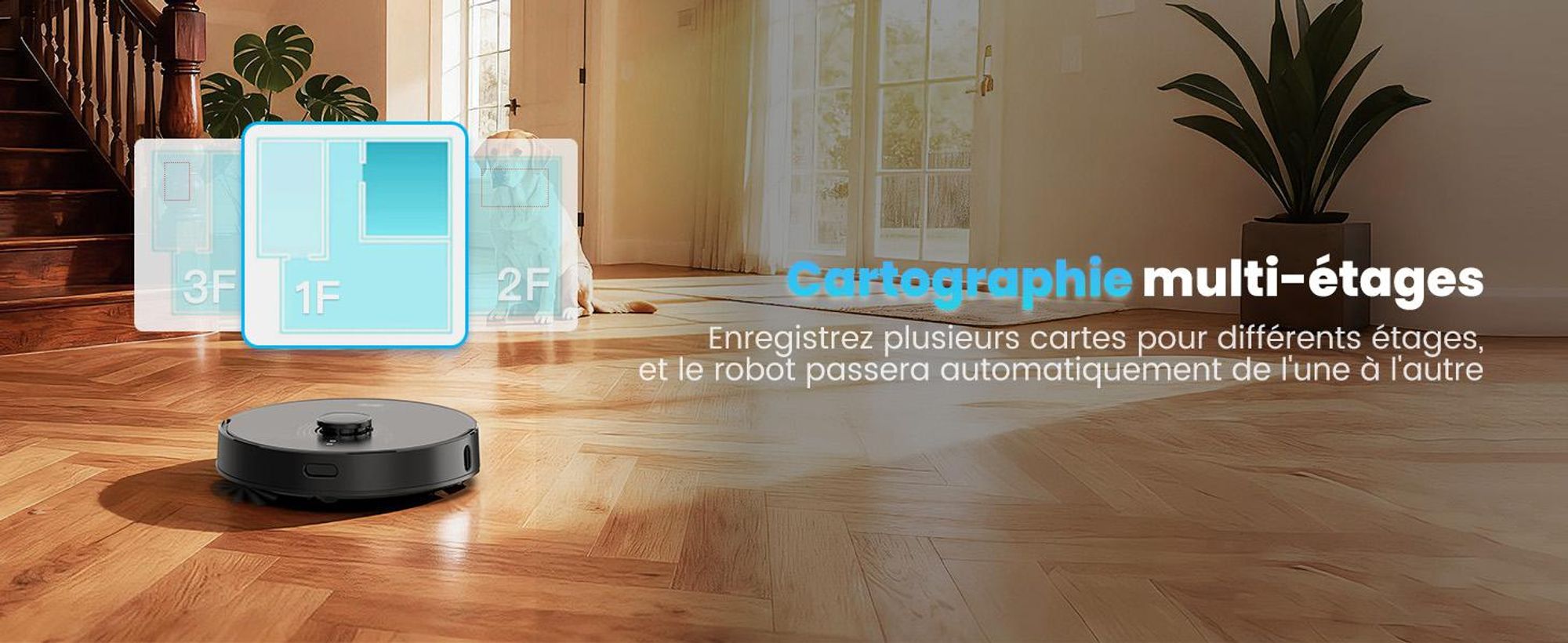 Robot aspirateur AIRROBO Q20+ avec fonction de nettoyage, navigation et cartographie Lidar intelligentes, puissance d'aspiration de 8000 Pa, autonomie