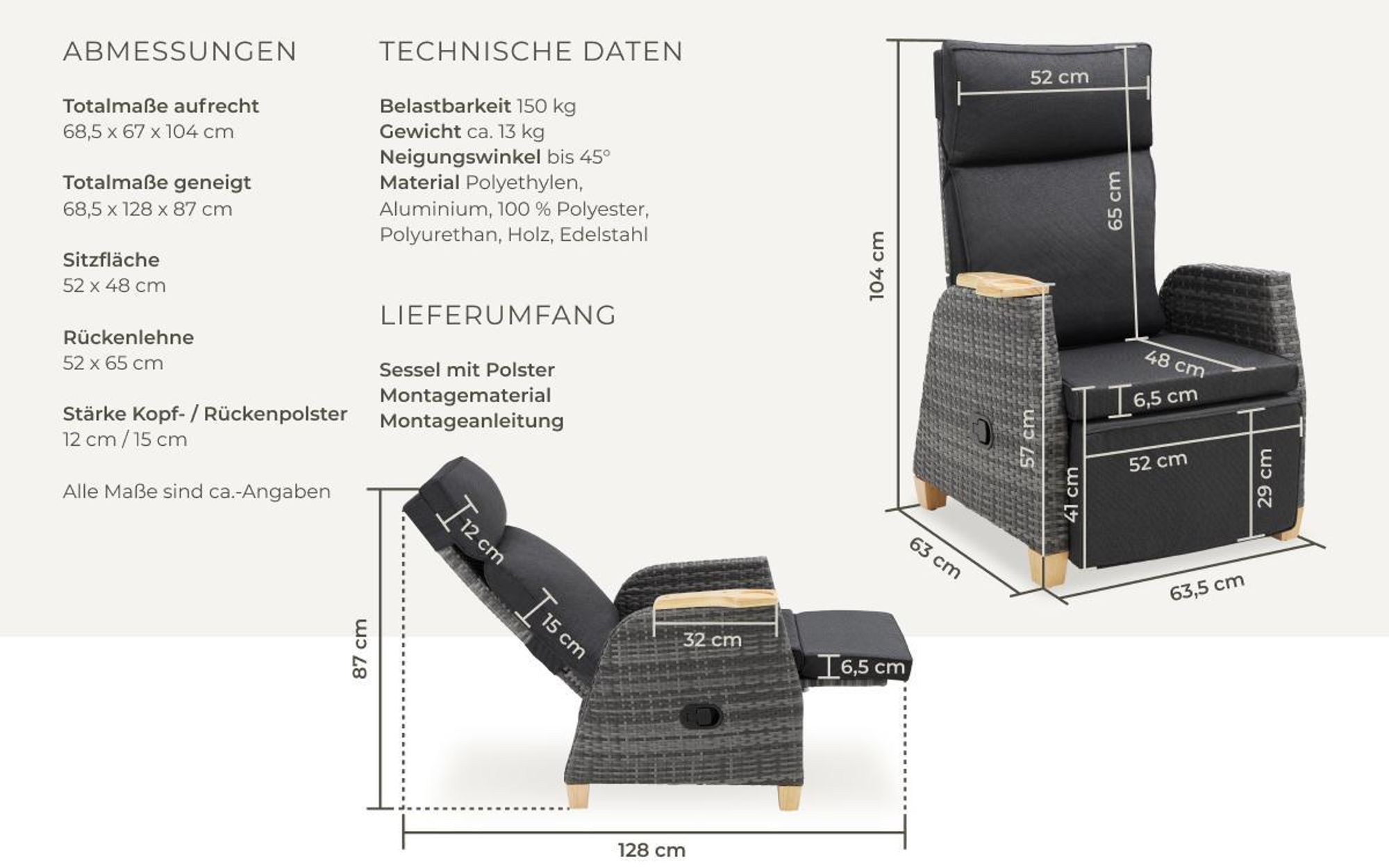 tectake Aluminium Rattansessel verstellbare Lehne Polster Aluminiumgestell wasserabweisend Praktische Armlehnfläche Farbe Grau