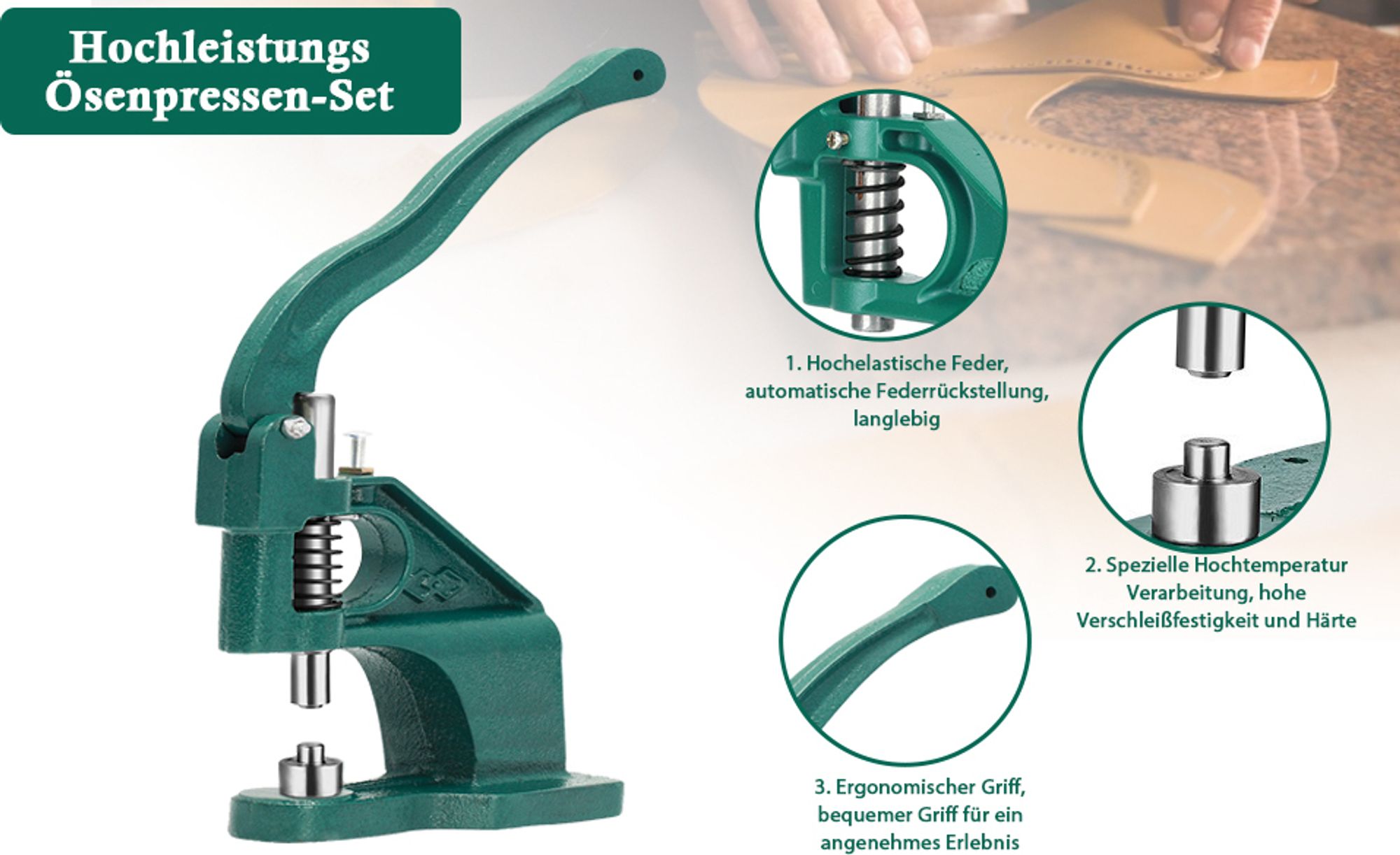 Jadeshay Ösenpresse Set – Handpresse mit 3 Stanzformen(6/10/12 mm) und 1500 Ösen für Stoffe und Leder – Ideal für DIY-Projekte, Nieten und Druckknöpfe