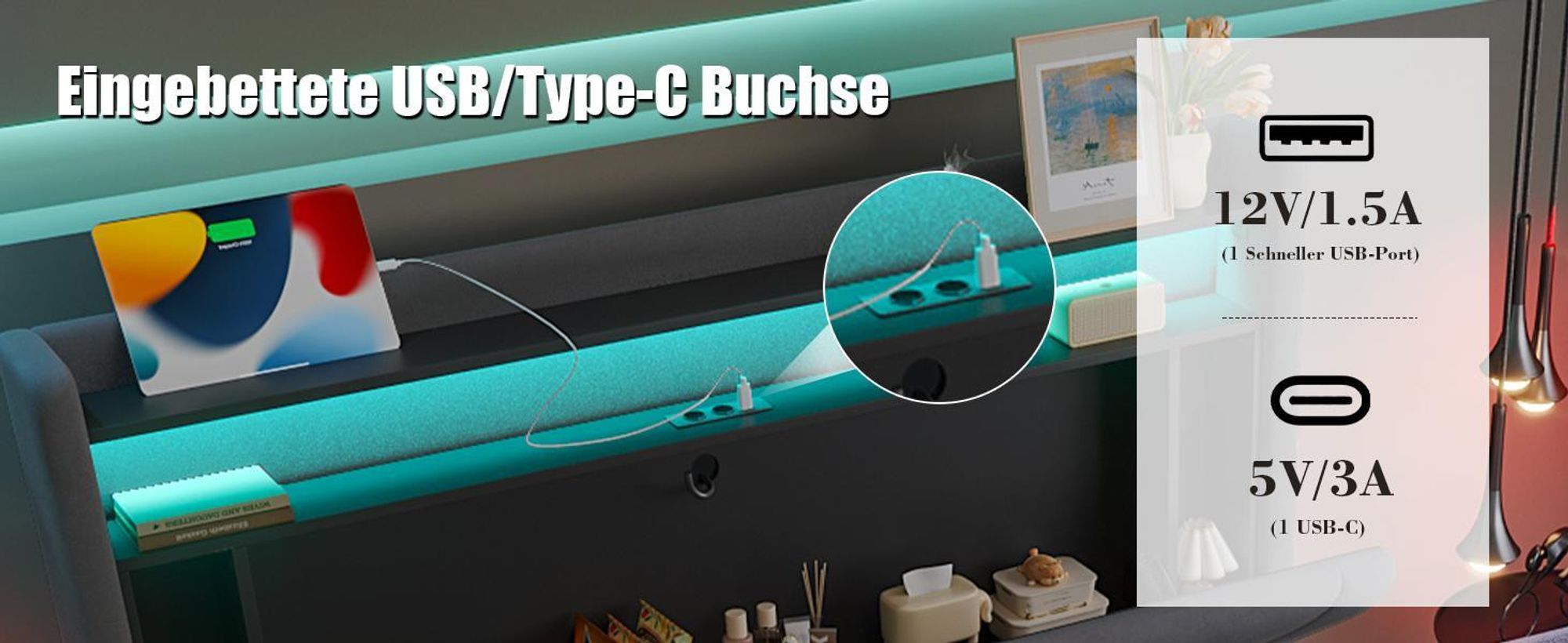 LVHOM Polsterbett 160x200cm mit LED&USB, Doppelbett mit Bettkasten, Jugendbett mit Kopfteil, Stauraumbett mit Lattenrost, Boxspringbett Beige
