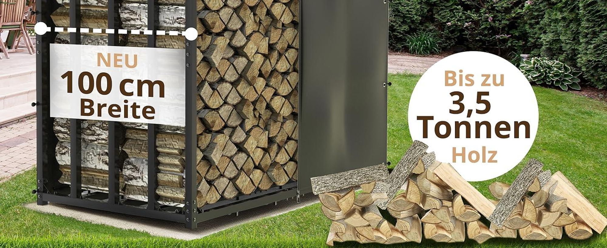 1m Kaminholzregal für aussen. Brennholzunterstand für den Garten.