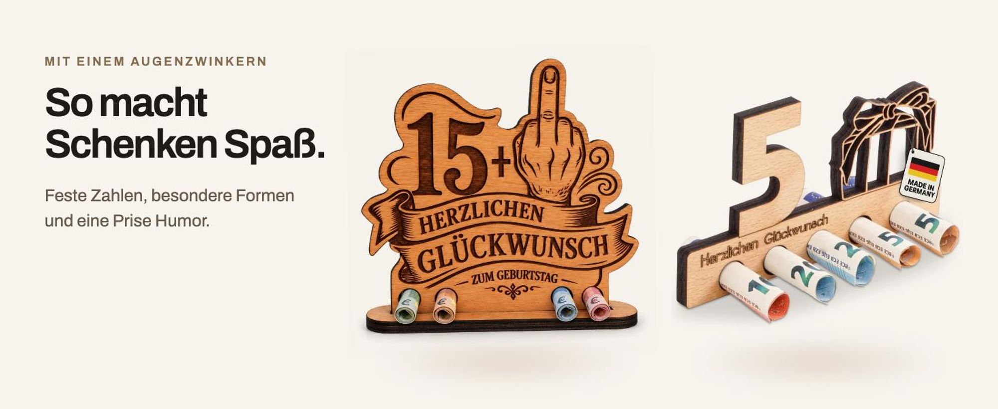 Humorvoller Geburtstagsaufsteller und Holz-Geldgeschenk-Zahl von DARO