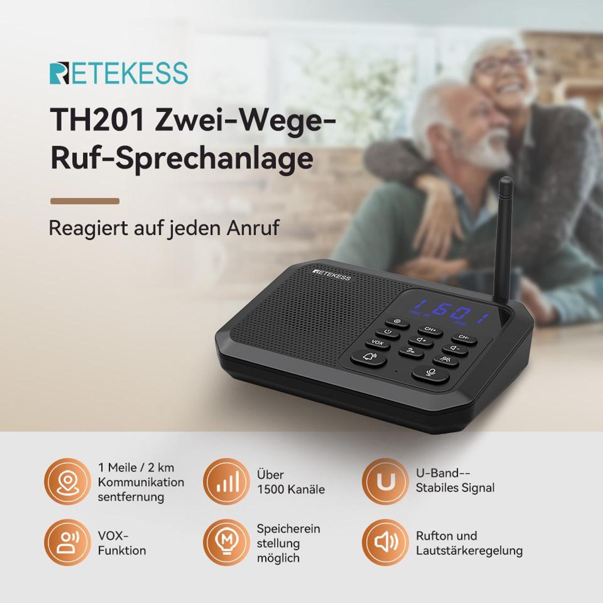 Retekess TH201 Gegensprechanlage, Drahtlose Gegensprechanlagen Für Zuhause, Reichweite 2 km, Bis Zu 99 Nebenstellen, 8-Stufige Lautstärkeregelung
