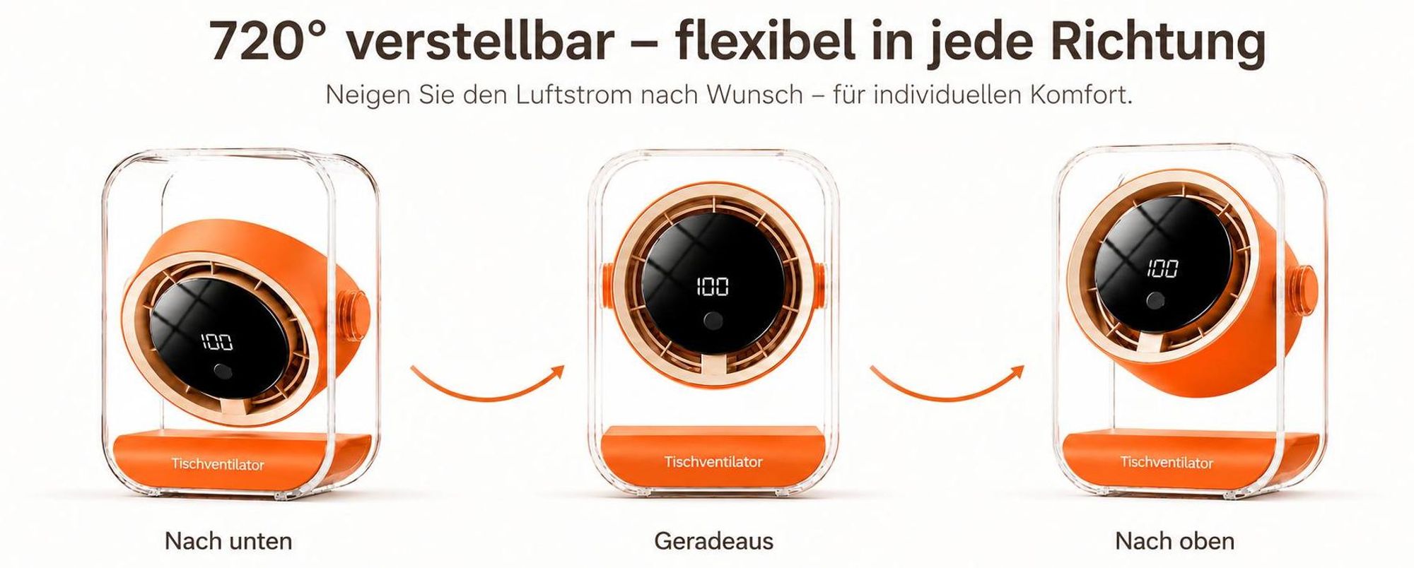 Tischventilator, USB Ventilator, 720° einstellbar, 3 Timer-Stufen (3/6/9h), 100 Geschwindigkeiten, Ventilatoren leise, LED display, Überall einsetzbar