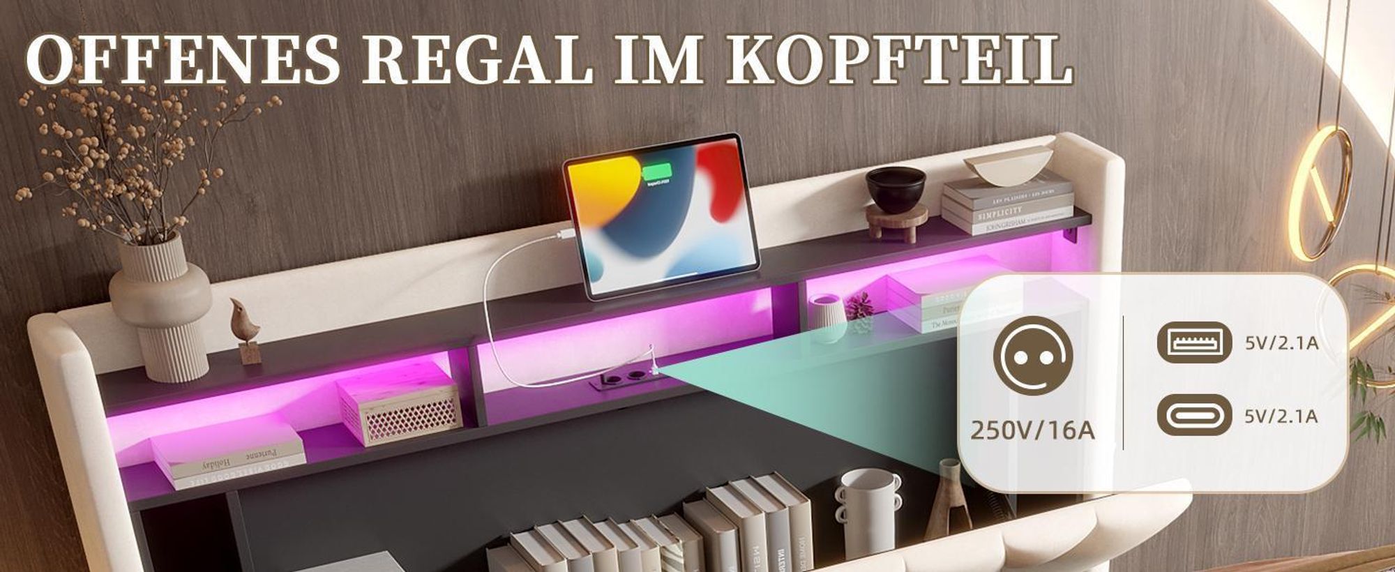 LVHOM Polsterbett 160x200cm mit LED&USB, Doppelbett mit versteckten Stauraum, Stauraumbett mit Lattenrost, Jugendbett mit Bettkasten, Samtstoff, Beige