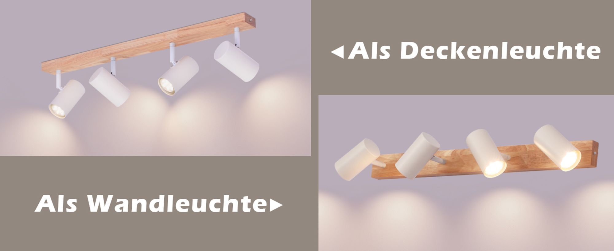 ZMH Deckenstrahler 4 Flammig Deckenspots Holz Deckenlampe Weiß GU10 Flurlampe Vintage Schwenkbar 350° Deckenleuchte Wohnzimmer für Flur Schlafzimmer Kindzimmer Küche