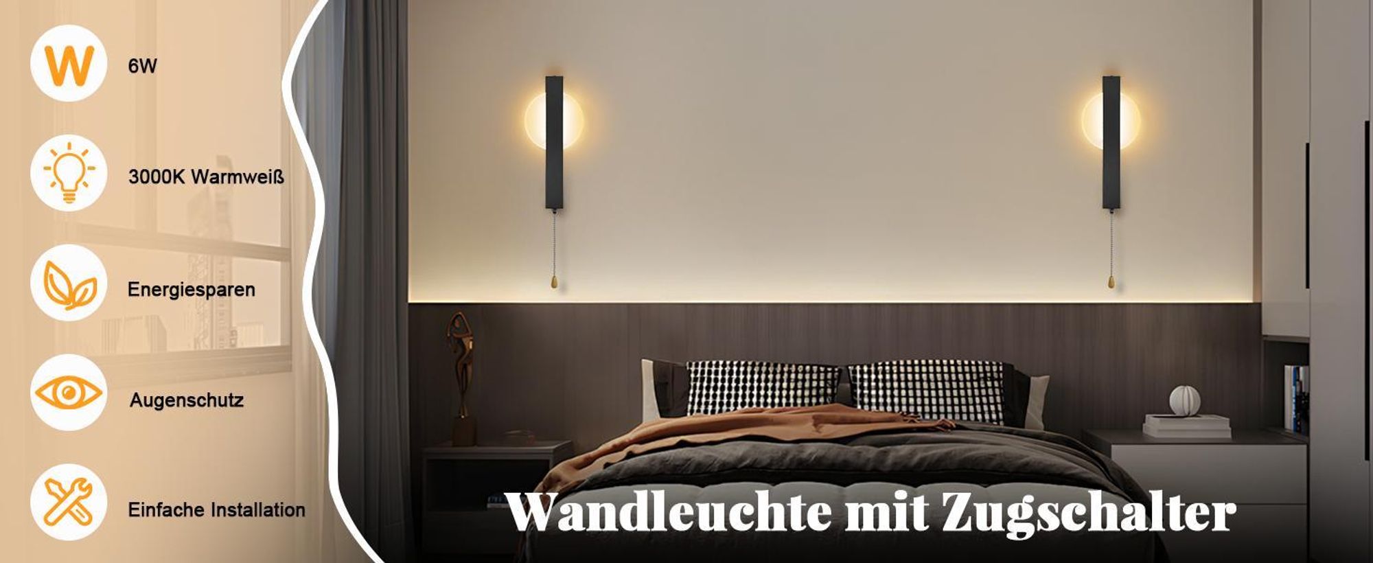 ZMH Wandleuchte LED Wandlampe mit Schalter - Flurlempe Innen Schwarz Modern Design Wandlampen Mit Zugschalter Rund 3000K Warmweiß Wandbeleuchtung Eisen & Acryl 6W Wohnzimmerlampe für Flur Bett