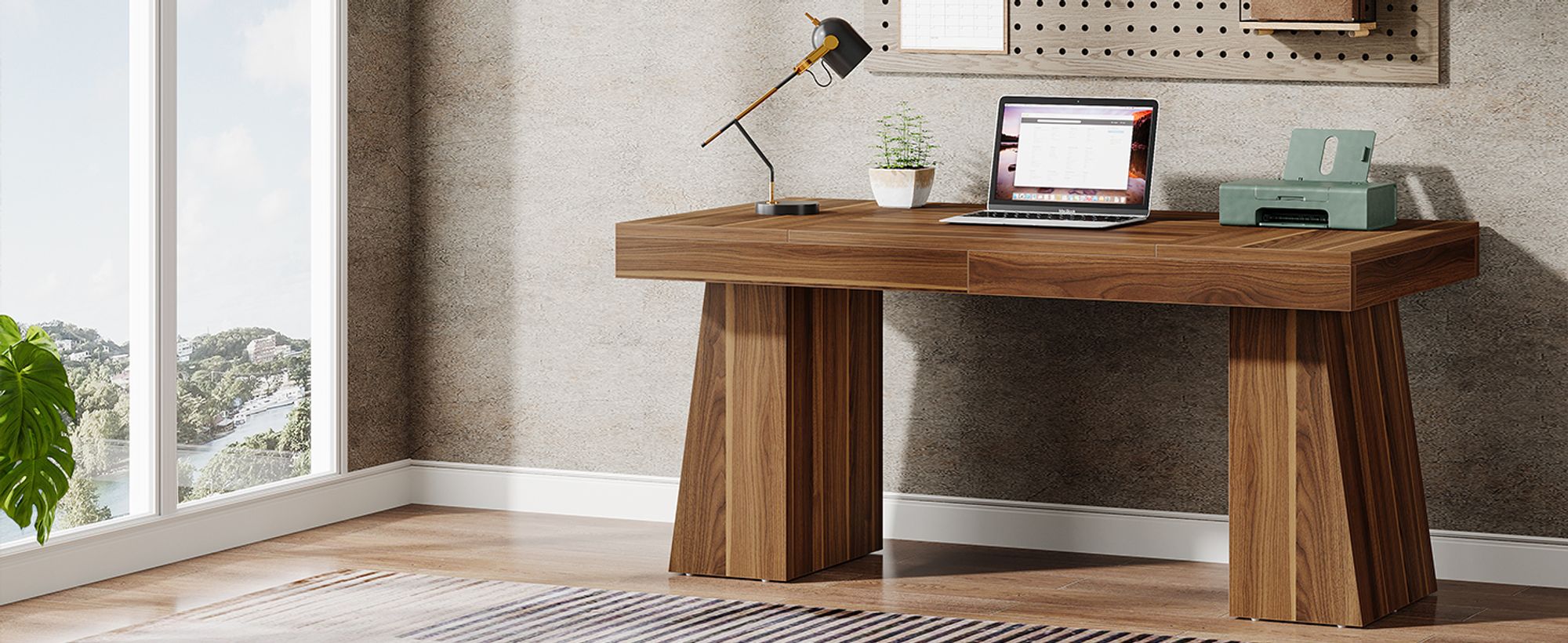Tribesigns 140 cm Schreibtisch, Moderner Home-Office-Schreibtisch mit Doppeltem Trapezfuß, Holz-Computertisch, Business-Arbeitsplatz, Braun