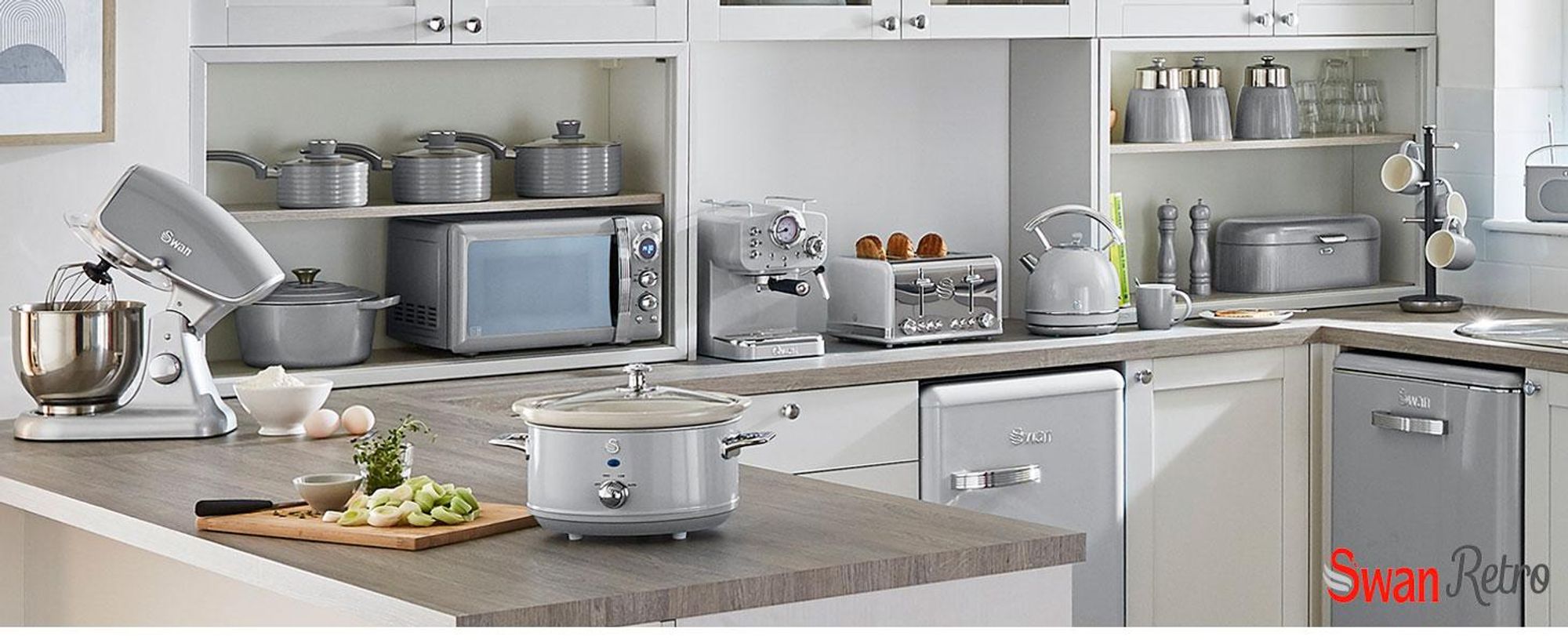 SWAN SF17031GRNEU Retro Slow Cooker 6,5L, Antihaft-Keramisches PFOA- und PTFE-freies, Vintage Grau