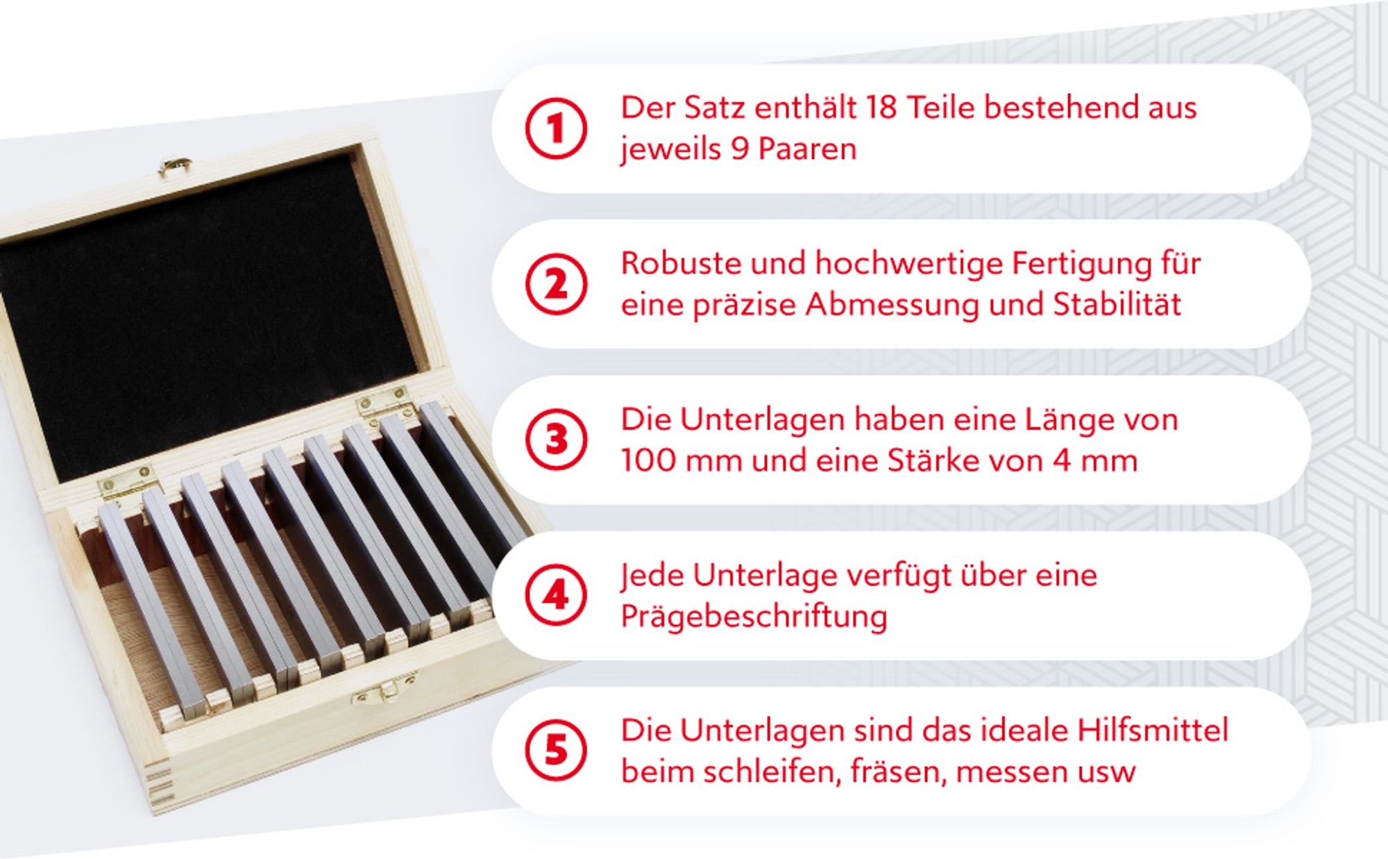 Wiltec Parallelunterlagen Set 18-teilig 100mm, 9 Paar Schraubstockunterlage aus Werkzeugstahl, Fräsunterlagen, Unterlegleisten