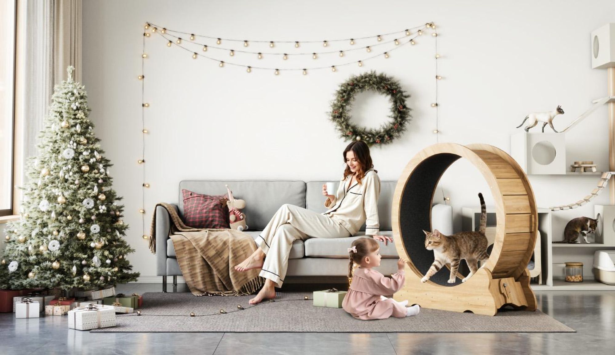 Mondeer Tier-Intelligenzspielzeug Laufband für Katzen,Innendurchmesser 80cm,Sicherheitsschloss-Design, Leises Scrollrad,90 x 97 x 36CM Naturholz