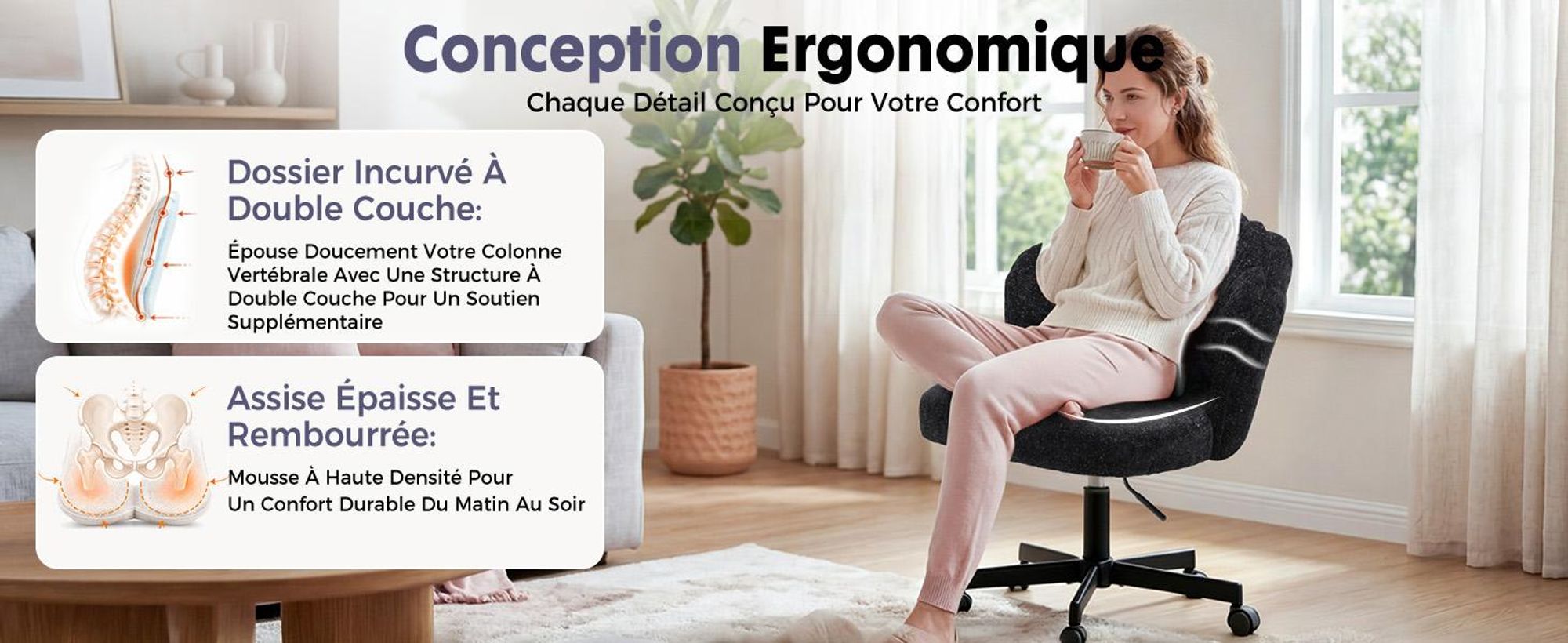 Chaise de bureau COMHOMA, chaise de maquillage à roulettes avec dossier et coussin en forme de nuage, chaise pivotante réglable en hauteur, chenille chatoyante, noir