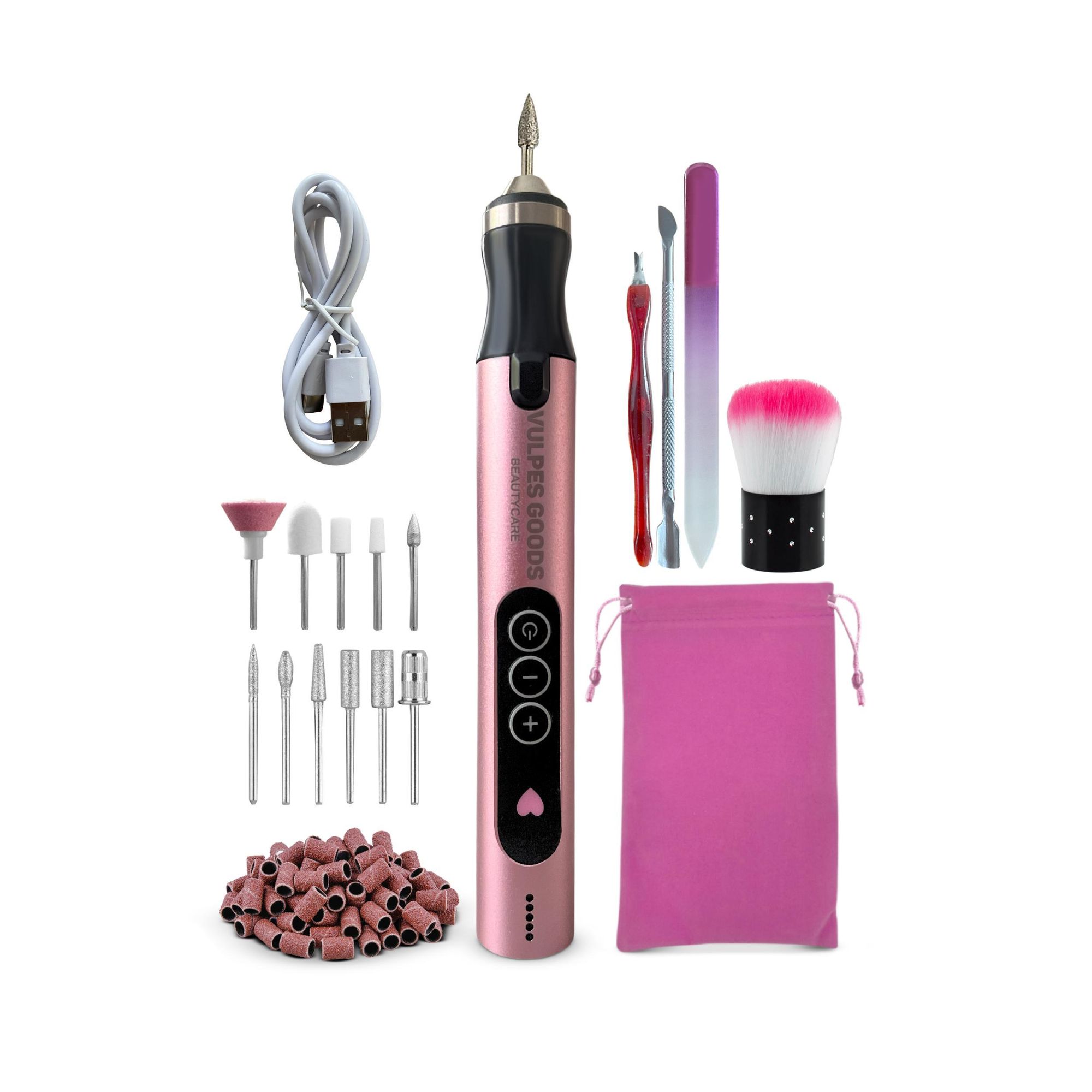 Vulpes Goods Elektrische Nagelfräser, Maniküre und Pediküre Set, Nagelfeile, Drahtlos & Aufladbar, Nagelpfeile, 11 Nagelfräser-Bits, 96 Schleifrollen