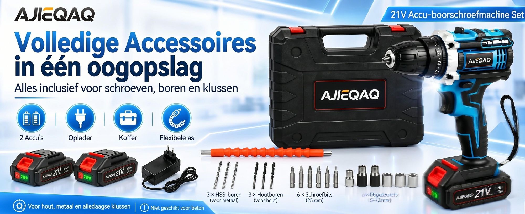 Accuschroevendraaier 21V set, accu-klopboormachine met 2×2,0Ah Li-Ion accu, 45Nm, 2 versnellingen, LED-werklicht, accessoires en koffer