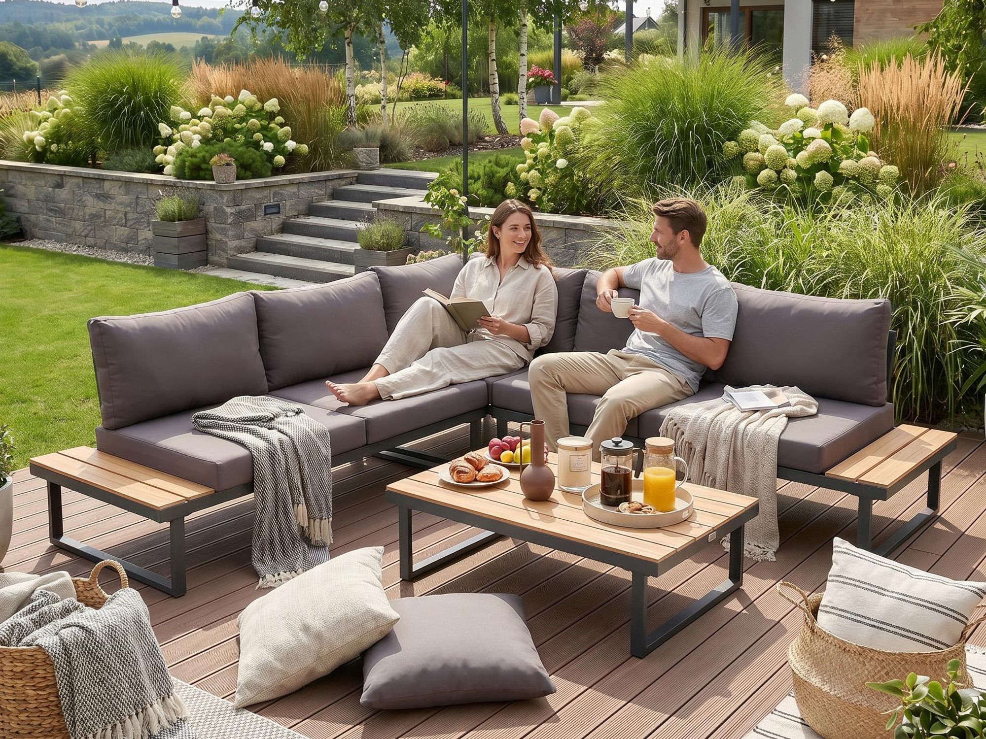 BEAUTYSOFA | MADISON Gartenlounge Ecksofa Dunkelgrau – Gartenmöbel Set, Ecklounge, Outdoor Sofa, Loungegruppe mit Couchtisch, 5 Sitzplätze
