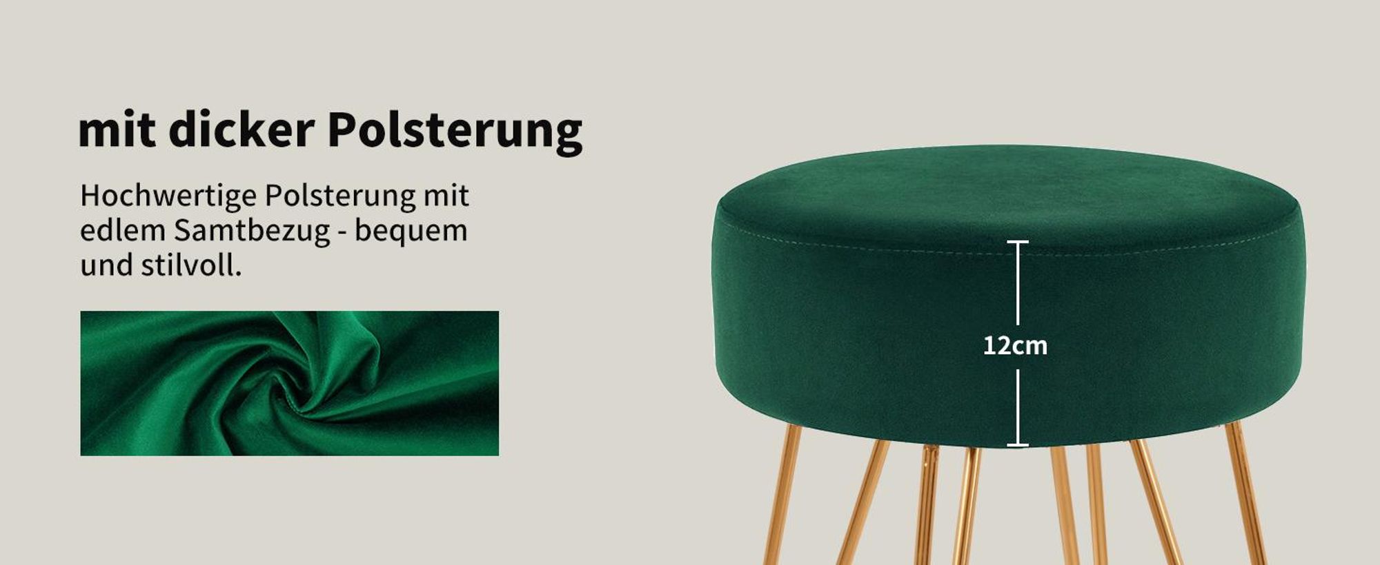 Duhome Sitzhocker Rund Polsterhocker aus Samt Hocker Schminktisch mit Metallbeine, Dunkelgrün