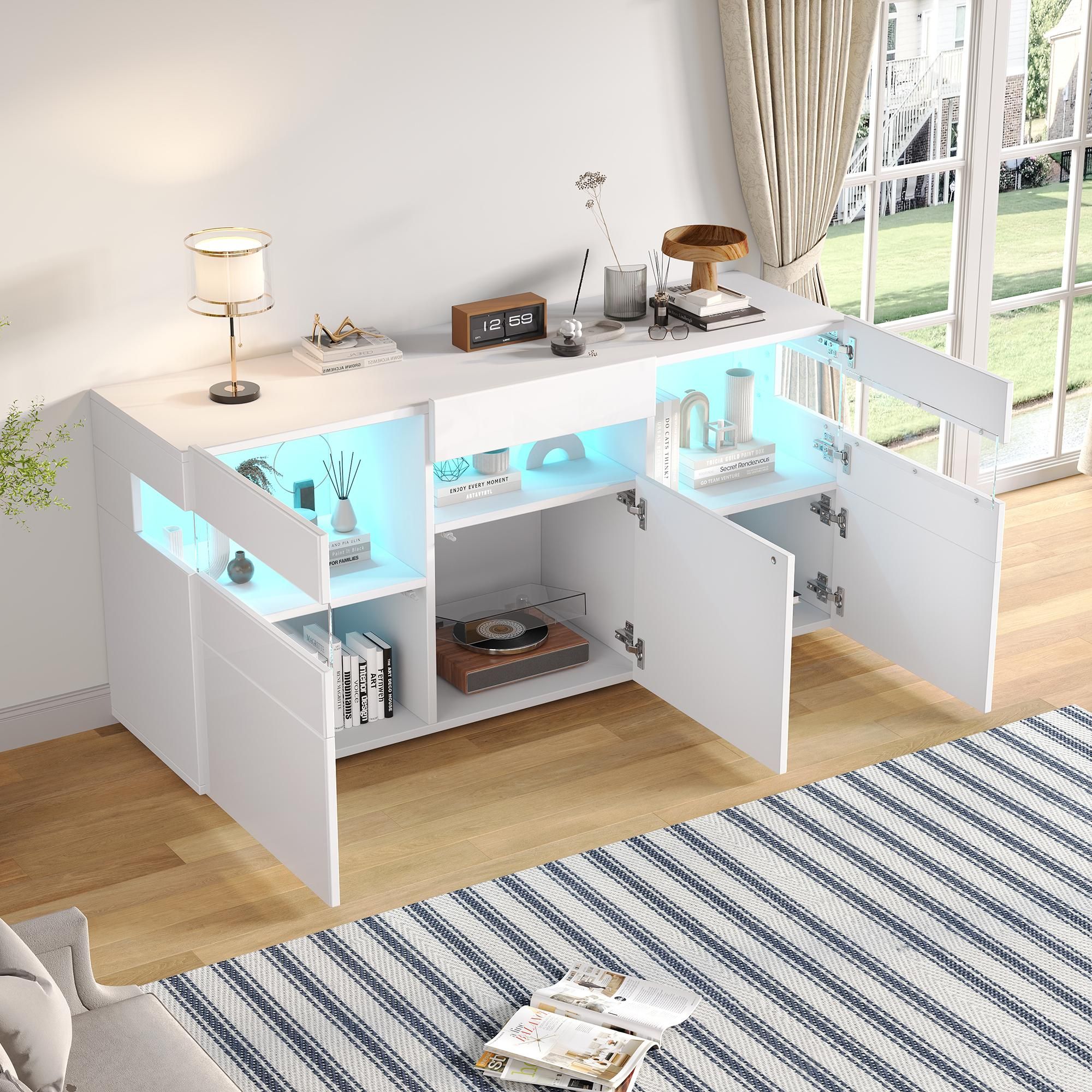 Merax Hochglanz Sideboard mit LED und 3 Türen, Kommode mit 7 Ablagefächern und transparentem Acryl, Wohnzimmerschrank mit Anti-Kipp-Schutz, Weiß
