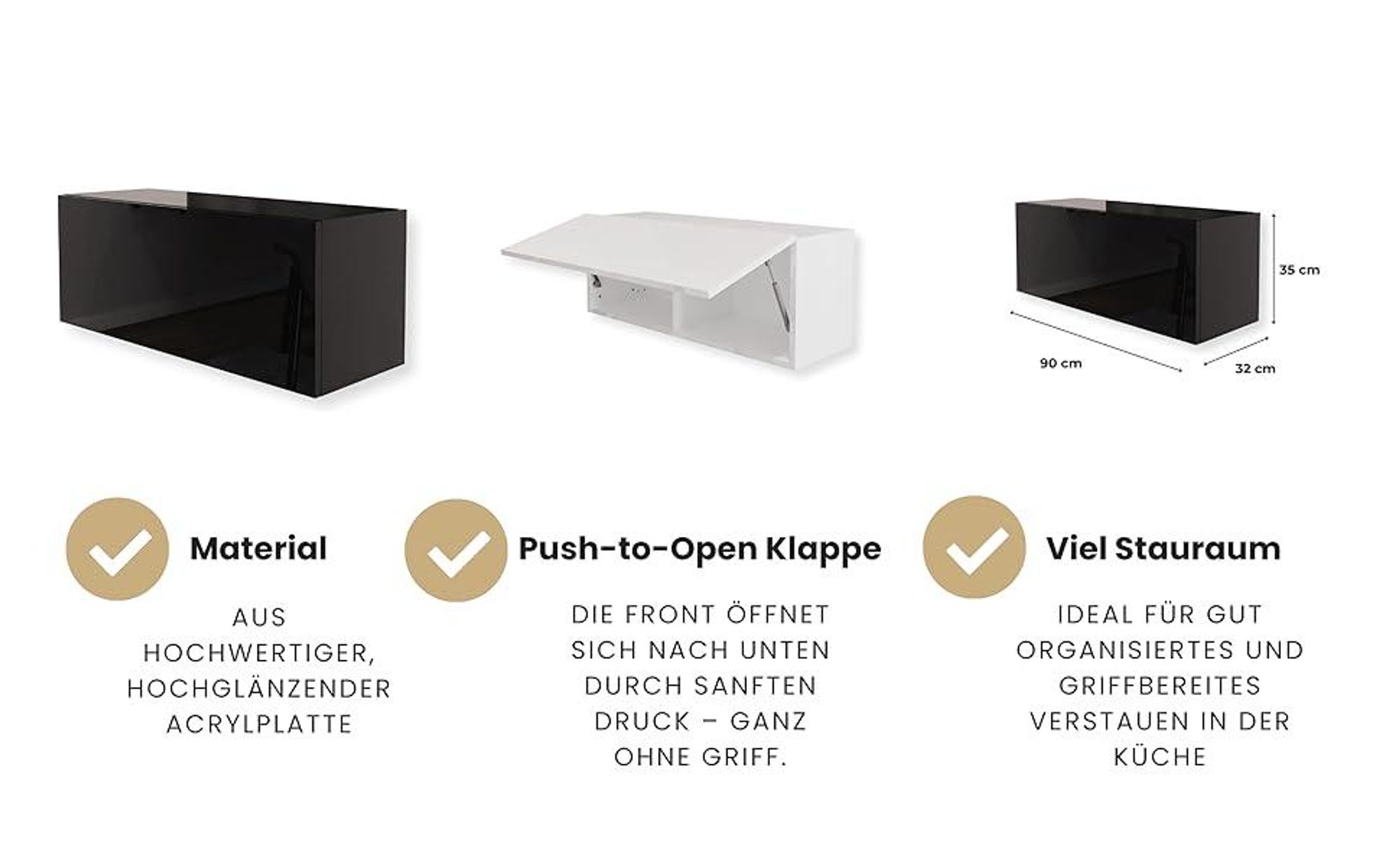 Hängeschrank Schrank Hochglanz Schwarz 90 x 35 x 32 cm (BxHxT) Wandschrank für Wohnzimmer Klapphängeschrank Wandregal Aktenschrank Oberschrank