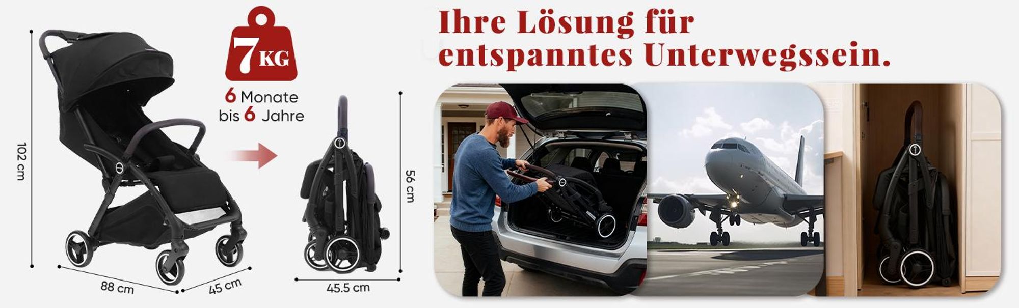 Sekey Kinder Buggy Reise Kinderwagen bis 22 kg verstellbare Rückenlehne, Regenschutz und Sichtfenster, Einhand-Faltmechanismus, Schwarz