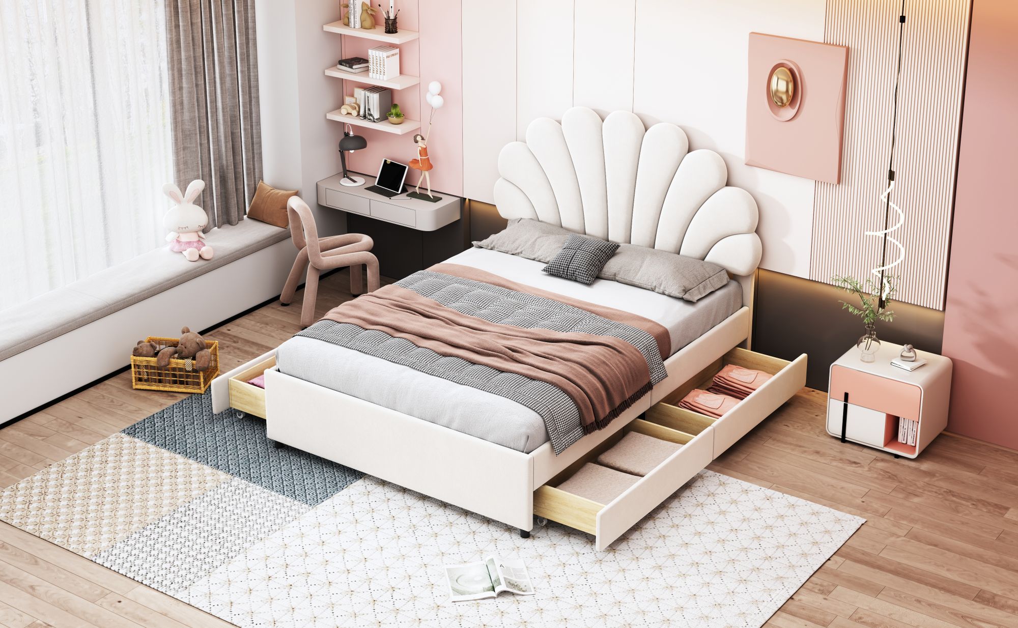 okwish Jugendbett Mädchenbett 140×200 cm mit 4 Ablagefächern und Lattenrost, Polsterbett Kinderbett für Jungen und Mädchen, FunktionellesDoppelbett mit Kopfteil in geblümtemform, Beige(Ohne Matratze)