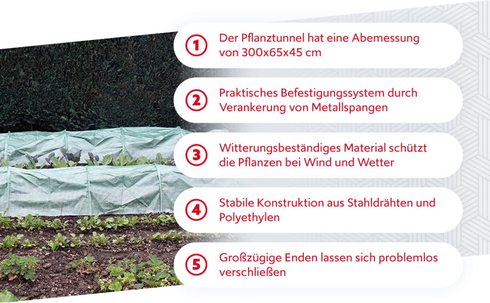 Wiltec Folientunnel 300 x 65 x 45 cm, Pflanztunnel mit PE GItternetzfolie, Frühbeet Schutztunnel Gewächshaus mit Stecksystem