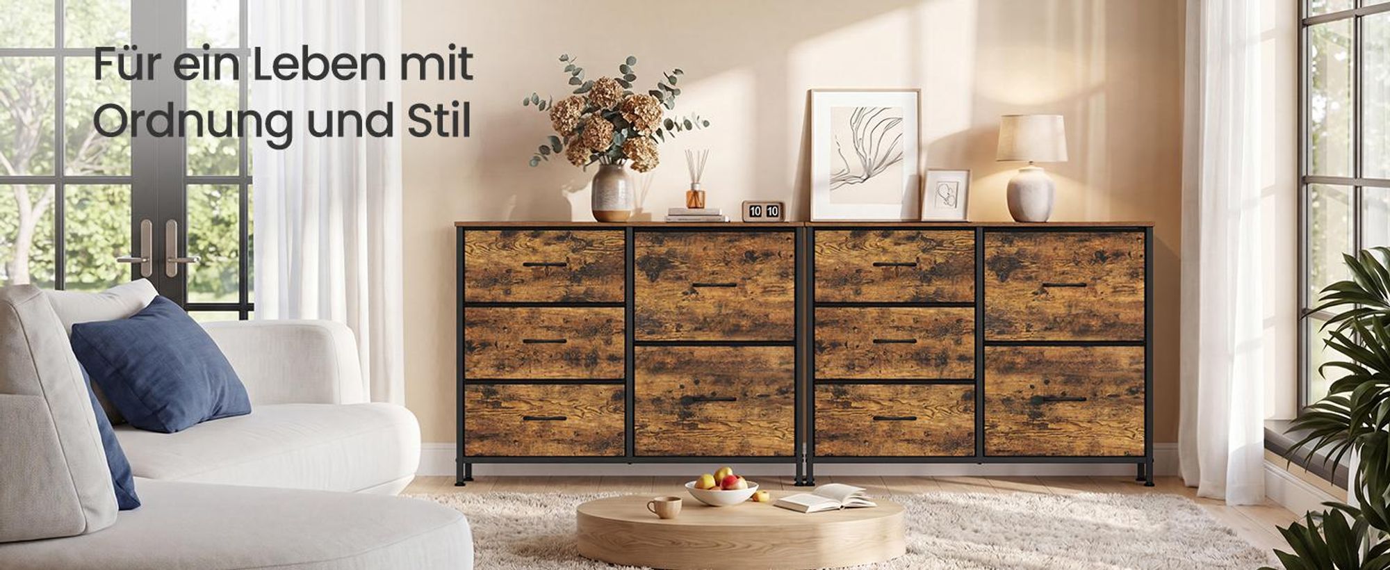 SONGMICS Kommode mit 5 Schubladen, Schubladenschrank mit Metallgestell, 98,7 x 30 x 74,7 cm, Tan