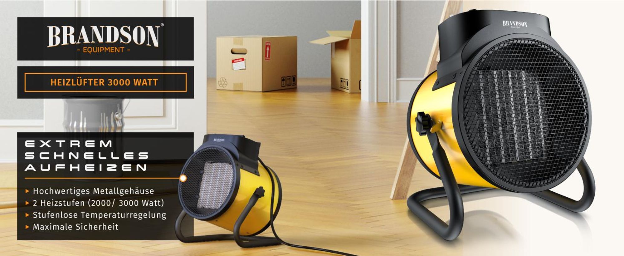 Brandson Baustellen-Heizlüfter, Bauheizer, 3000 W, Thermostat, 2 Heizstufen, 220 m³/h, PTC-Keramik, Metallgehäuse, Lüfterbetrieb, Thermosicherung