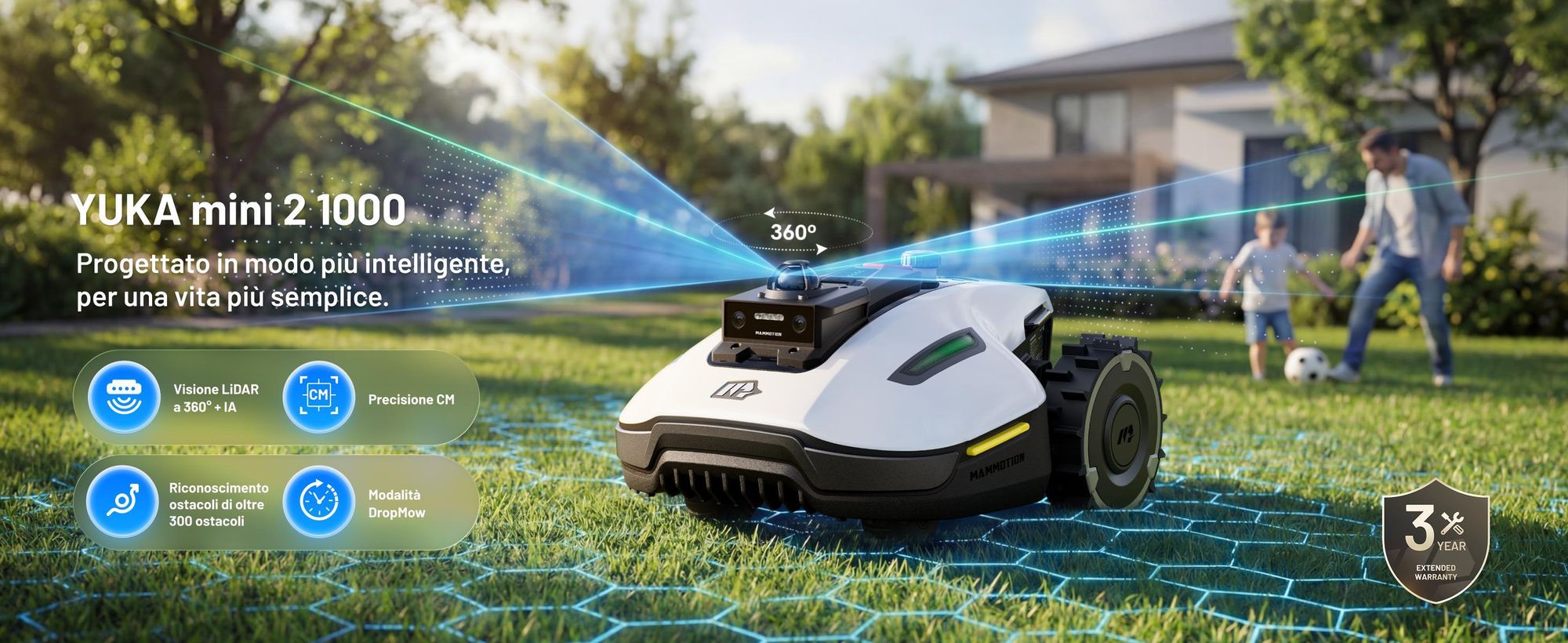 Robot tagliaerba Mammotion YUKA Mini 2 1000 con garage, senza filo, fino a 1000 m², 360 LiDAR + Visione AI, DropMow, mappatura auto, taglio bordi, APP
