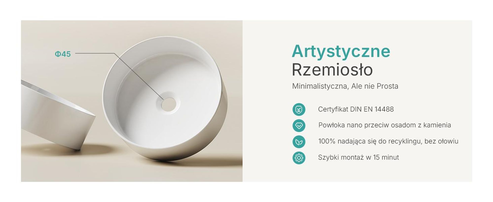 Umywalka nablatowa EMKE okrągła 352x352x112mm wykonana z ceramiki, szkliwiona na biało z połyskiem, bez otworu na baterię i przelewu, nowoczesny design do stylowych łazienek